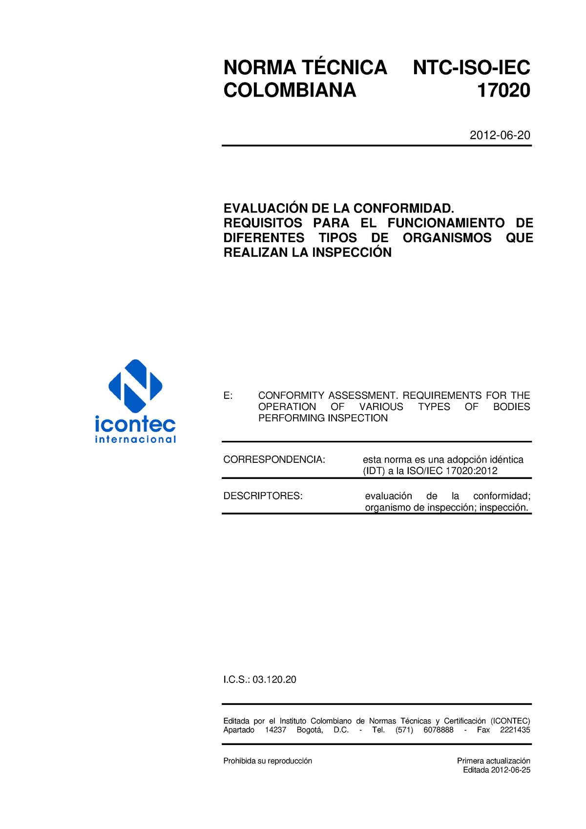 NTC-ISO-IEC17020 - NORMA TÉCNICA NTC COLOMBIANA 17020 - NORMA TÉCNICA ...