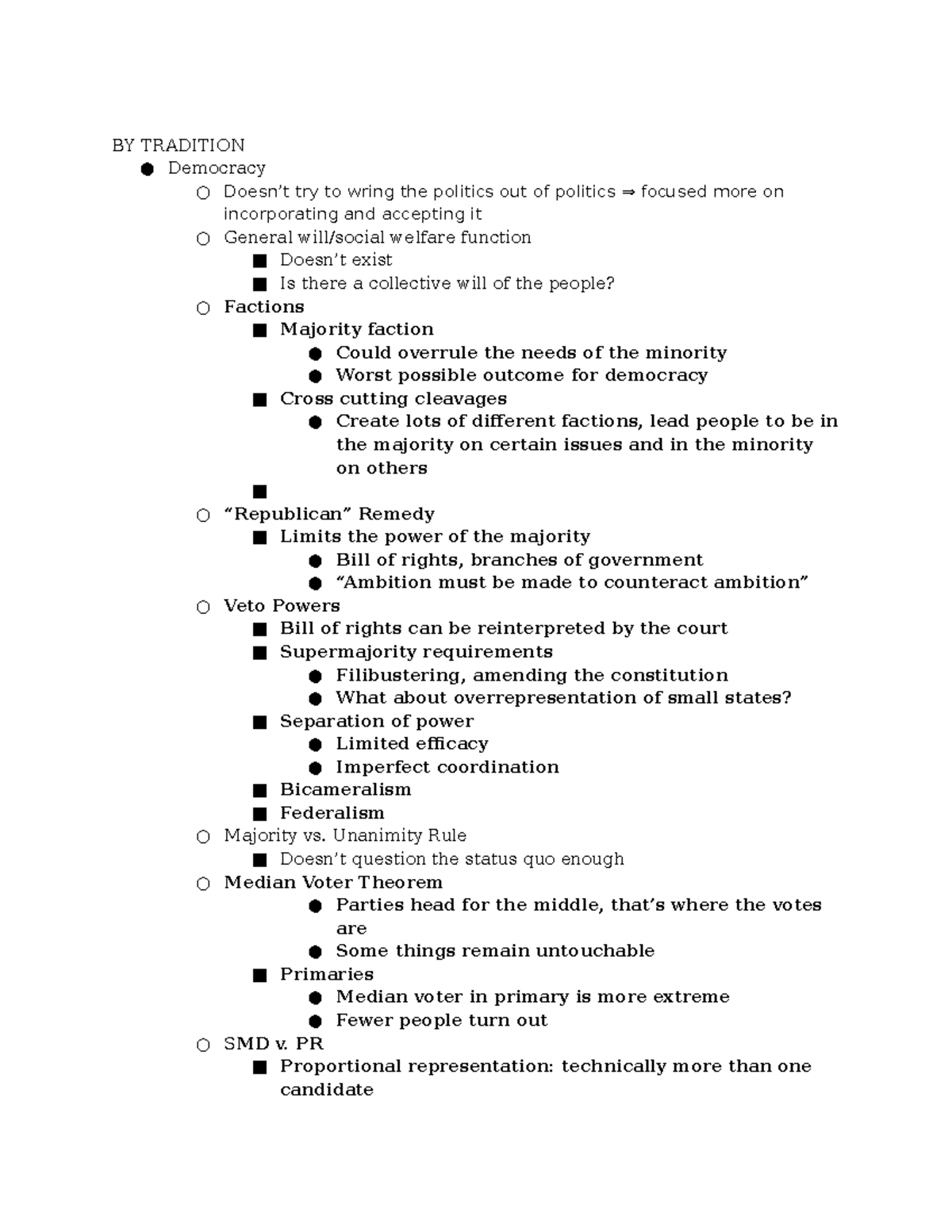 Final Review Sheet - BY TRADITION Democracy Doesn’t try to wring the ...