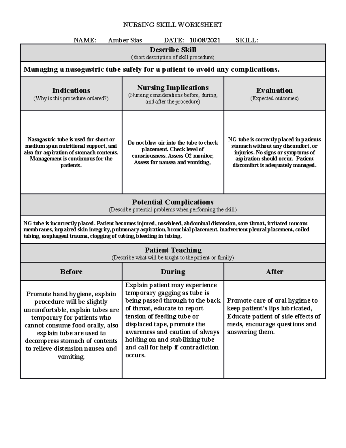 Managing a nasogastric tube NURSING SKILL WORKSHEET NAME Amber Sias
