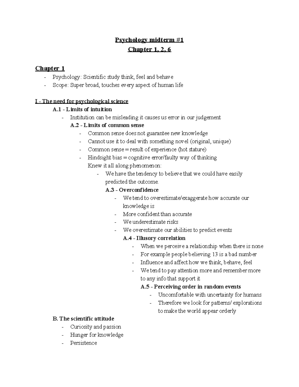 Psychology Exam review - Psychology midterm #1 Chapter 1, 2, 6 Chapter ...