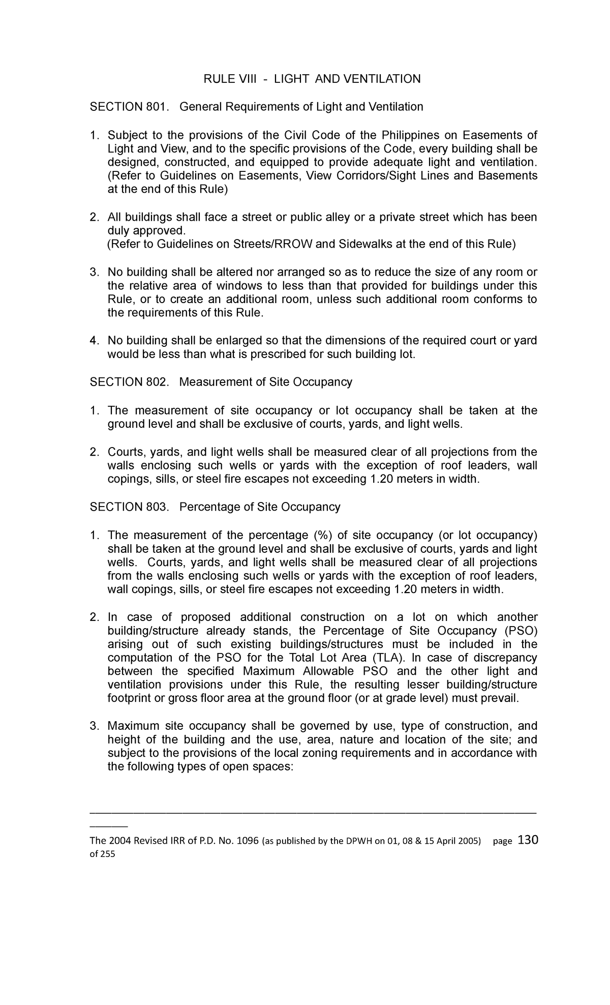 General Requirements of Light and Ventilation RULE VIII LIGHT AND