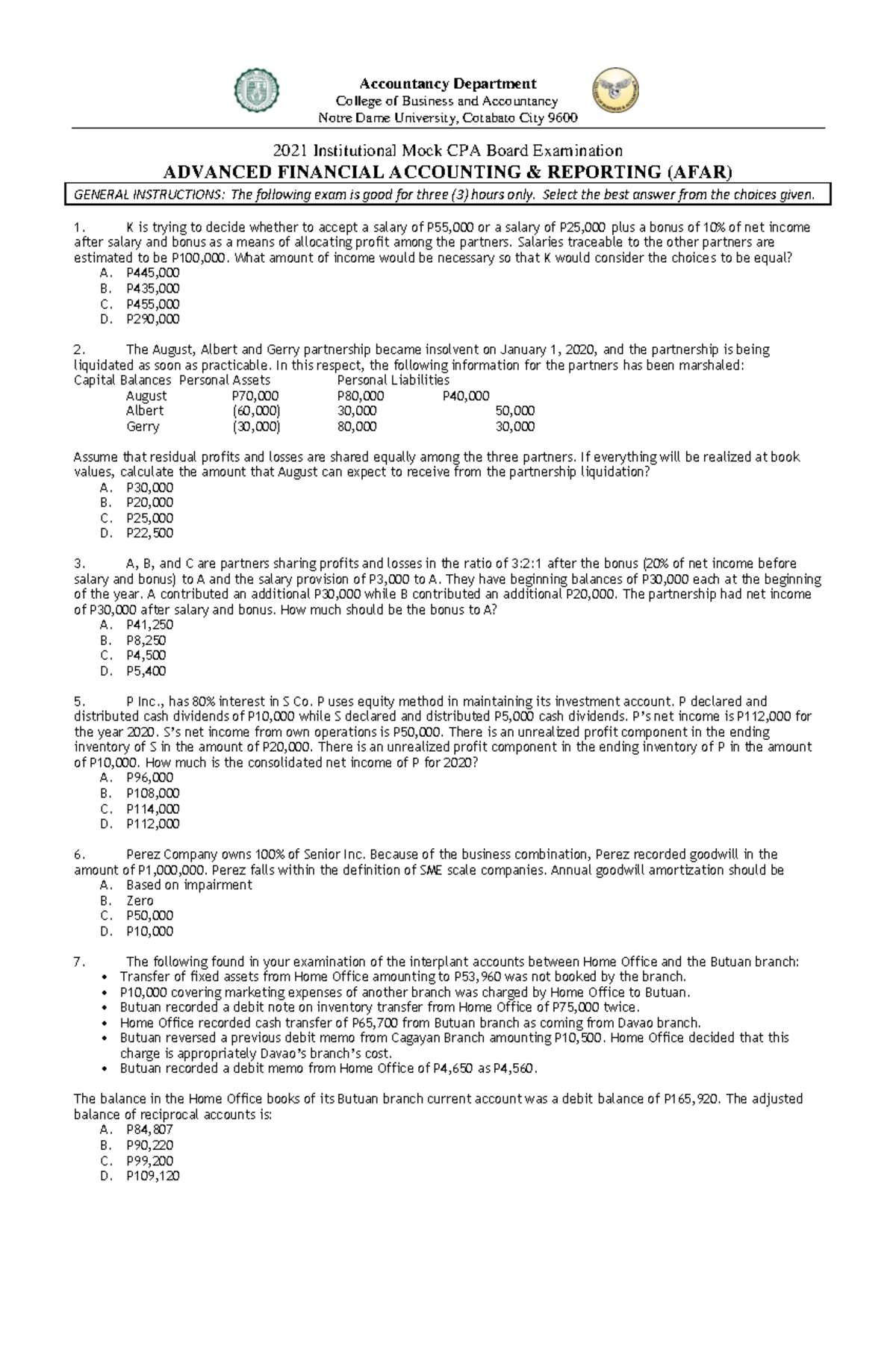 Advanced Financial Accounting and Reporting 2nd Sem AY 20202021 Institutional Mock Board Exam