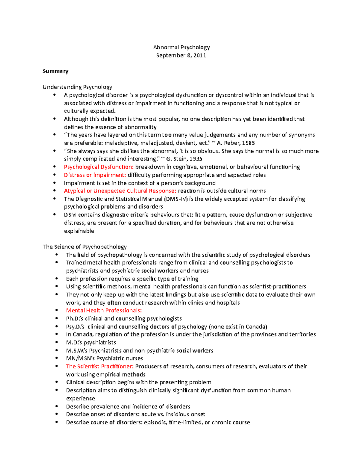 Abnormal Psychology - Lecture notes 13 - Abnormal Psychology September ...