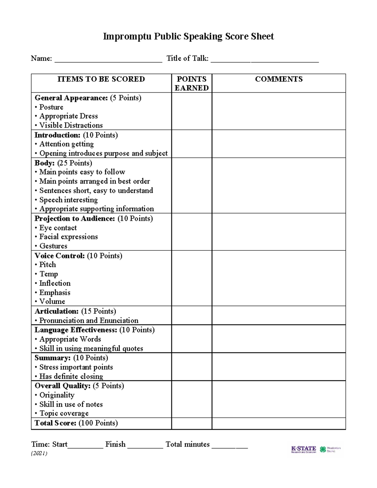 Impromptu Public Speaking Score Sheet - Studocu