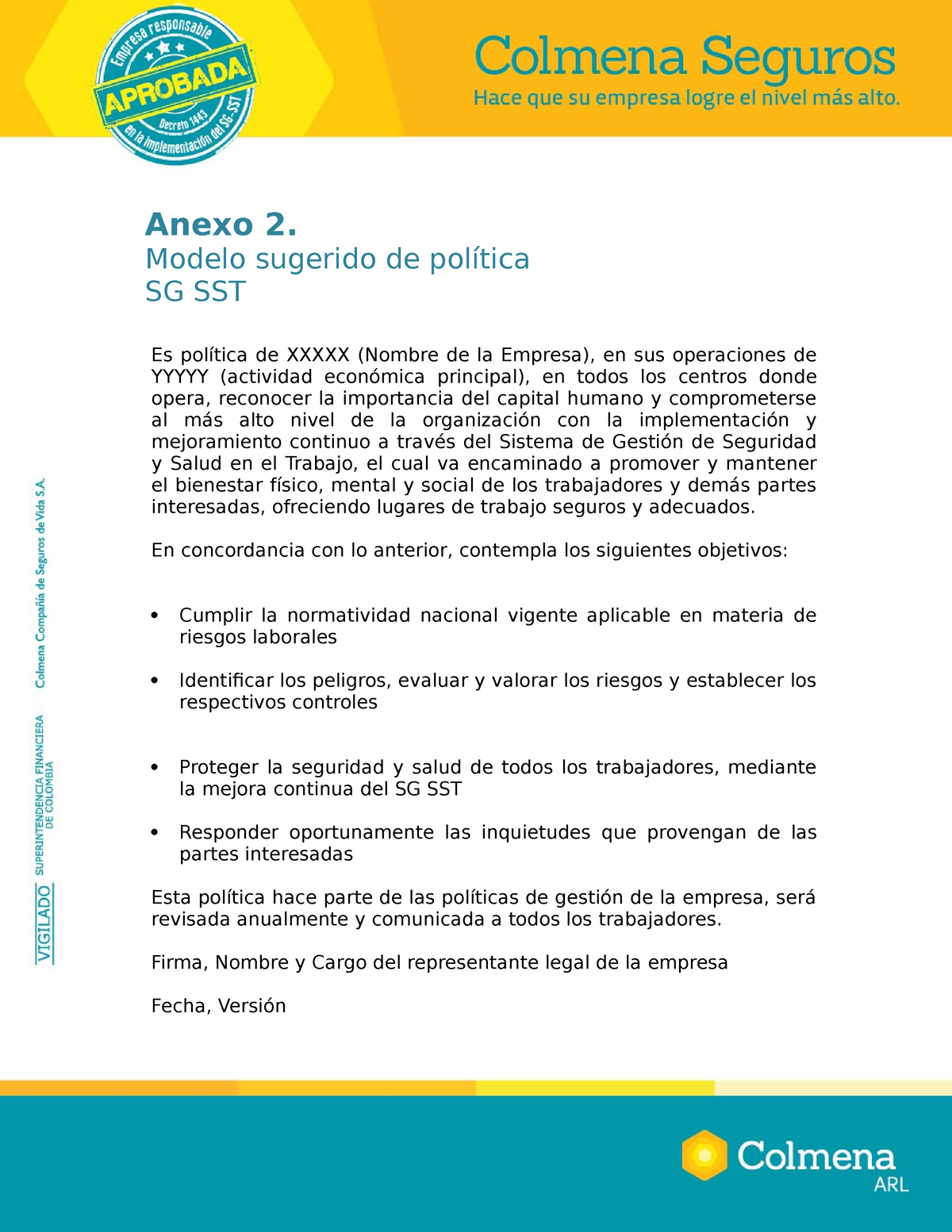 Anexo 2 Modelo De Politica Sg Sst Es Política De Xxxxx Nombre De La Empresa En Sus 3232