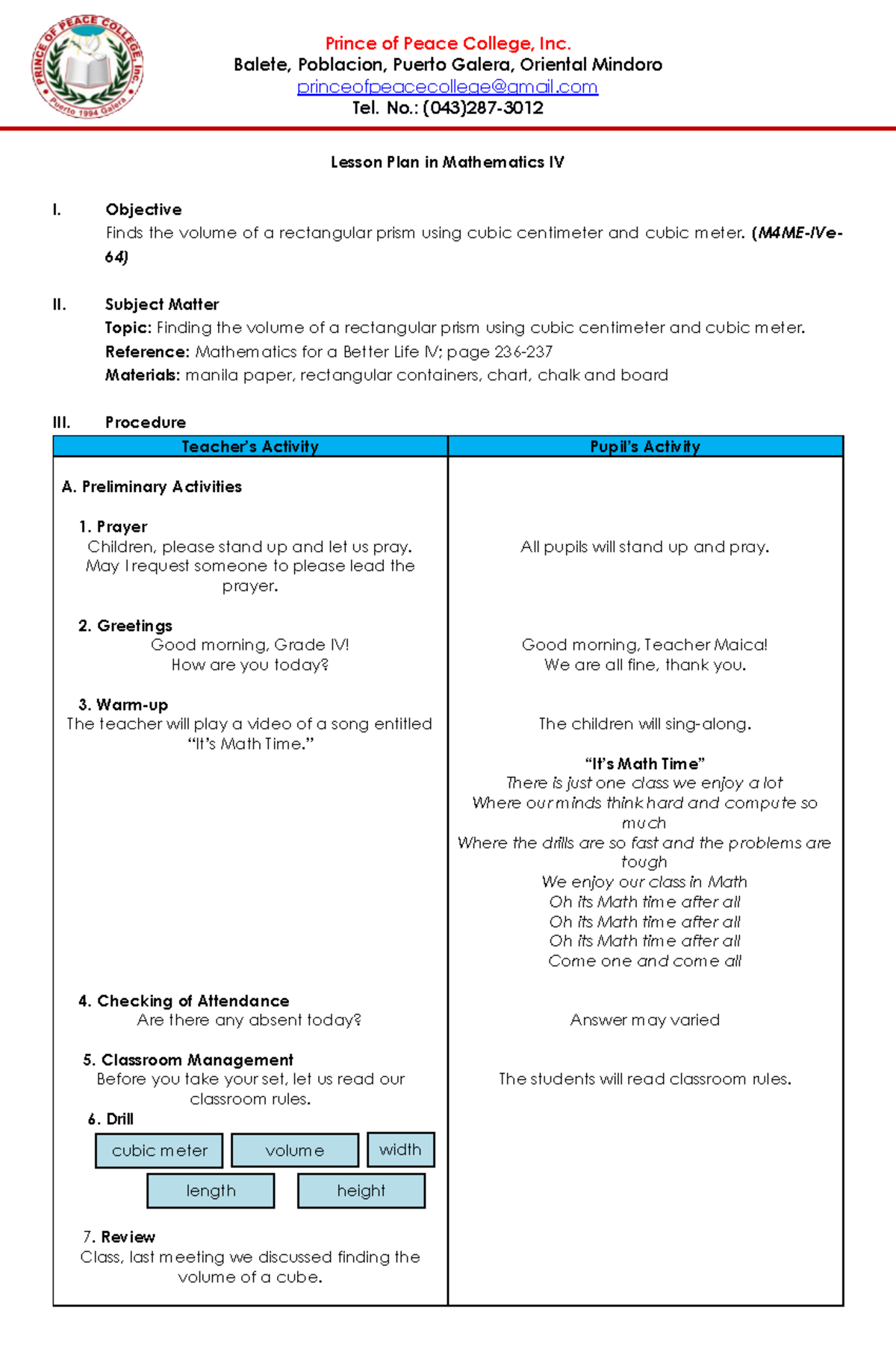 Lesson Plan in Mathematics IV - Balete, Poblacion, Puerto Galera ...
