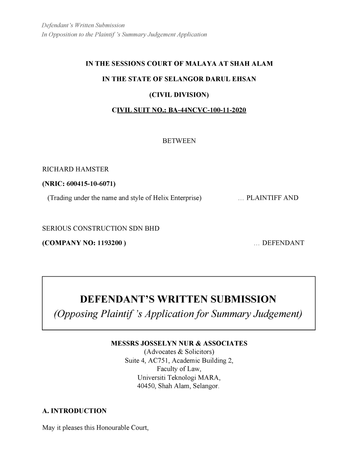 Written Submission (DEF FIRM 4) 4 Defendant s Written Submission In