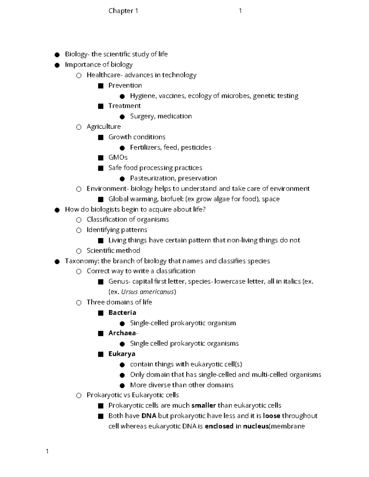 BIO 101 Lecture 1 - Chapter 1 Notes - Chapter 1 1 Biology- The ...