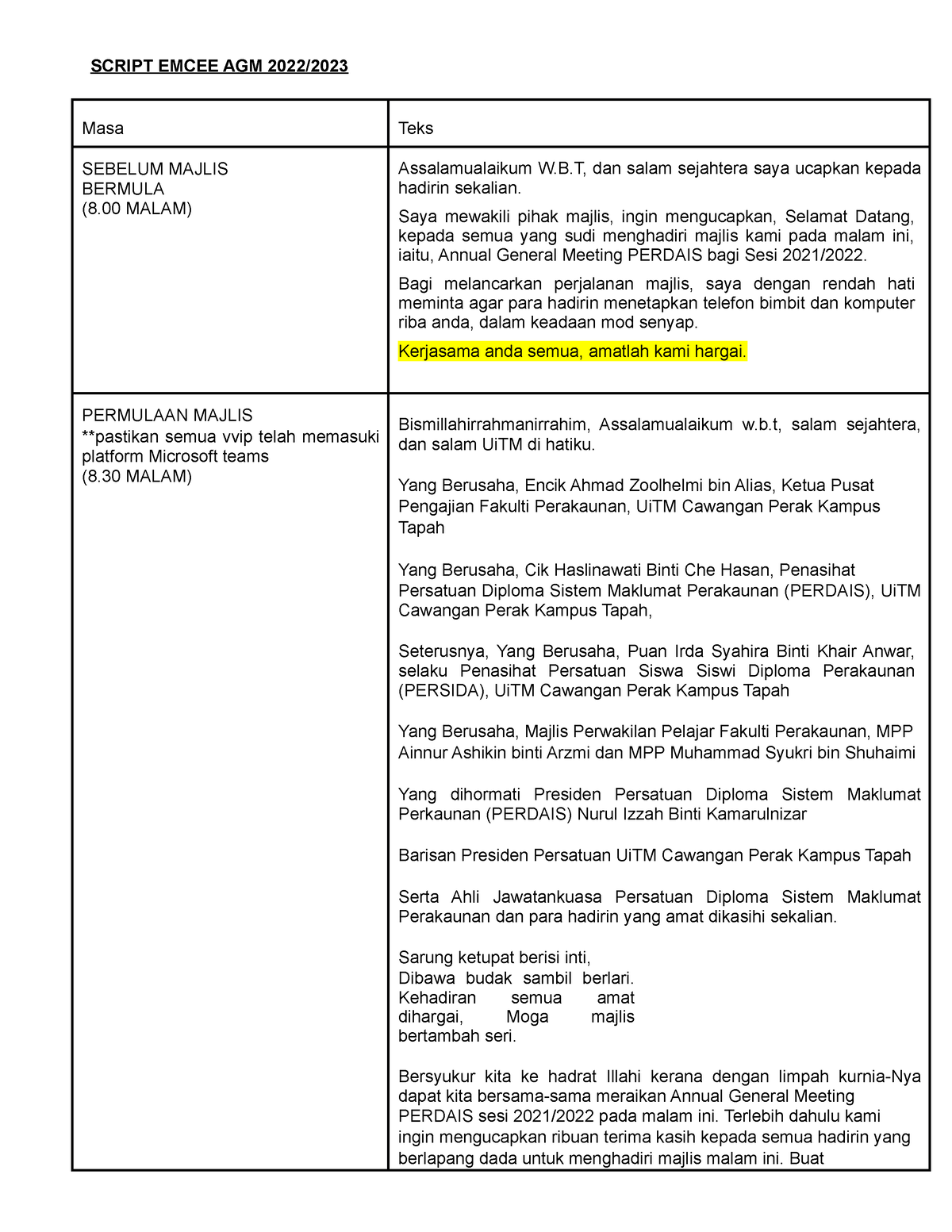 Script MAIN Emcee AGM - Lalala - SCRIPT EMCEE AGM 2022/ Masa Teks ...