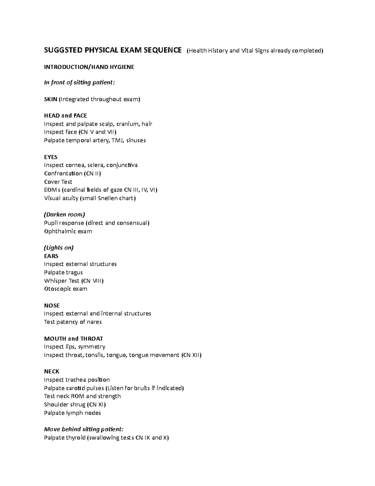 Suggested Physical EXAM Sequence SUGGSTED PHYSICAL EXAM SEQUENCE