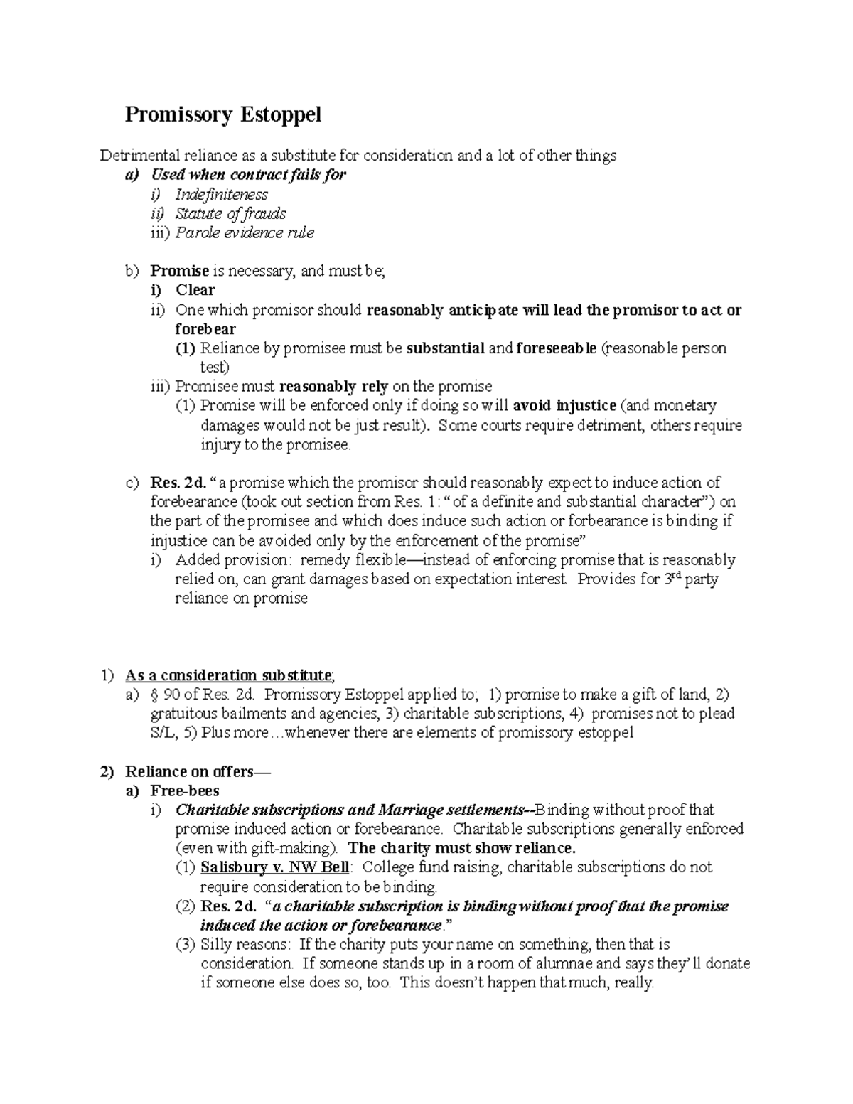 Contracts Law Outline - 2 - Promissory Estoppel Detrimental reliance as ...
