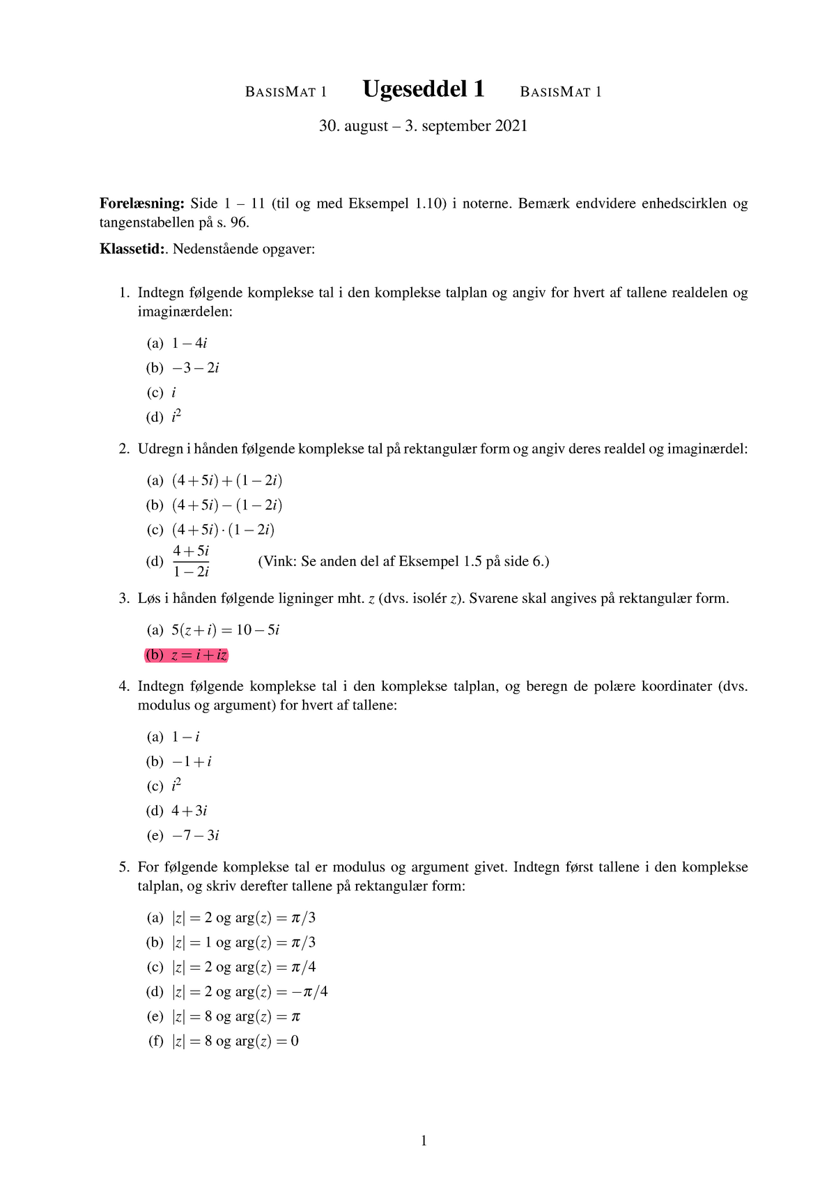 Basis Mat 1 E21 Ugeseddel 01 - BASISMAT 1 Ugeseddel 1 BASISMAT 1 30 ...