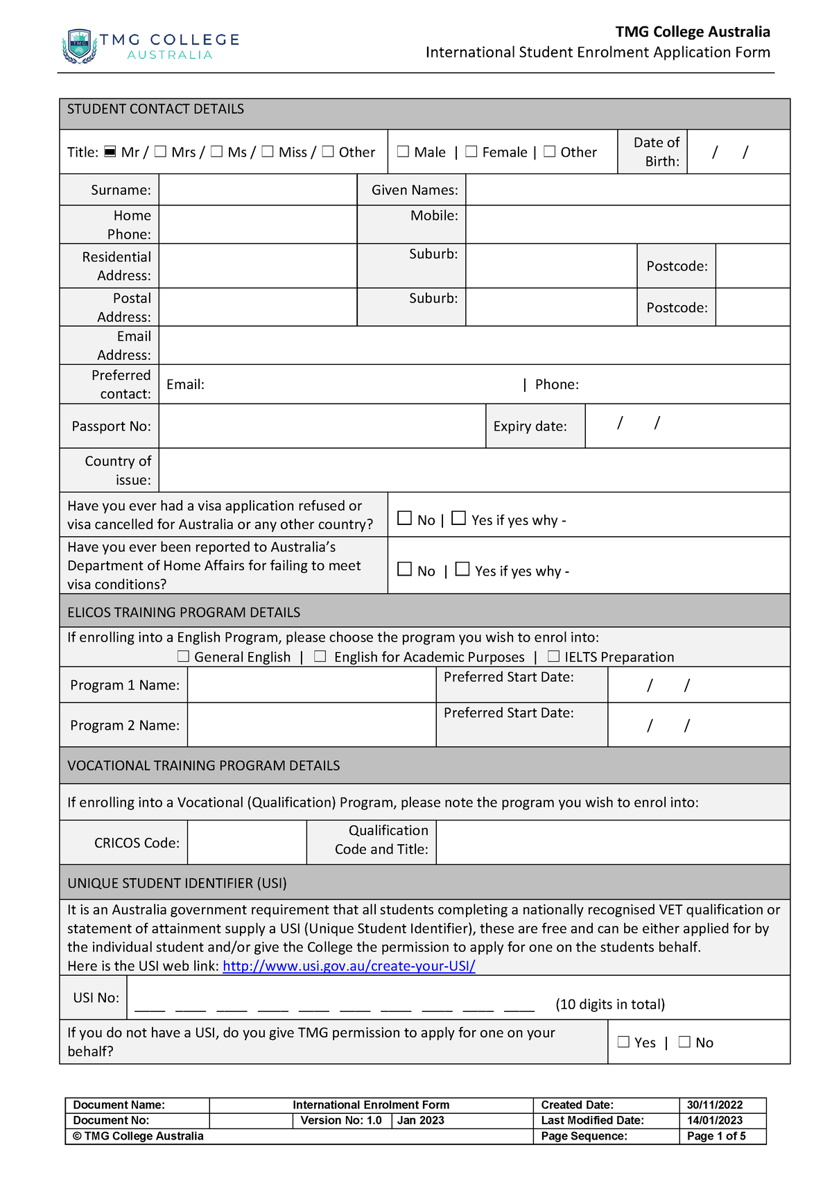 TMG International Enrolment Form - International Student Enrolment ...