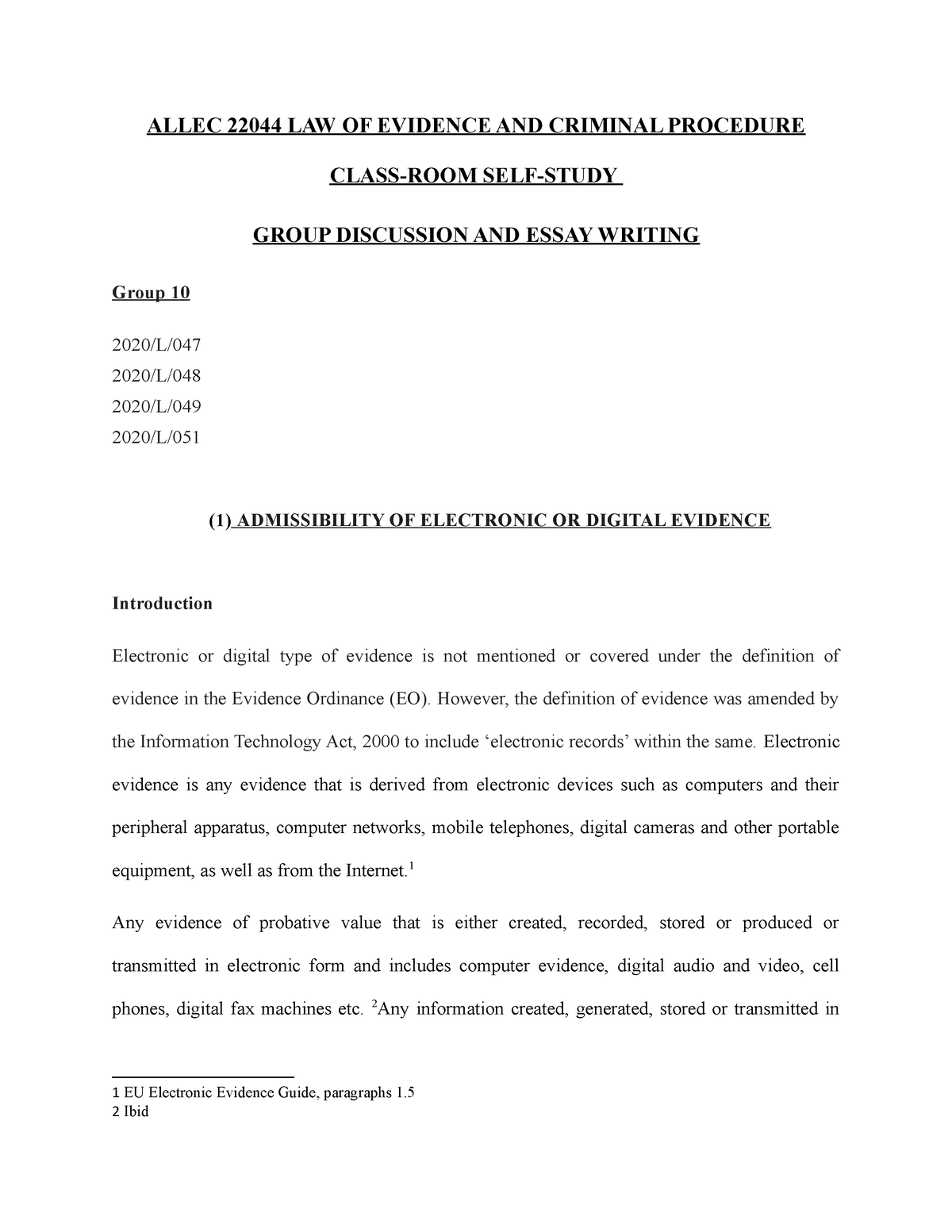 Admissibility Of Electronic Or Digital Evidence - ALLEC 22044 LAW OF ...