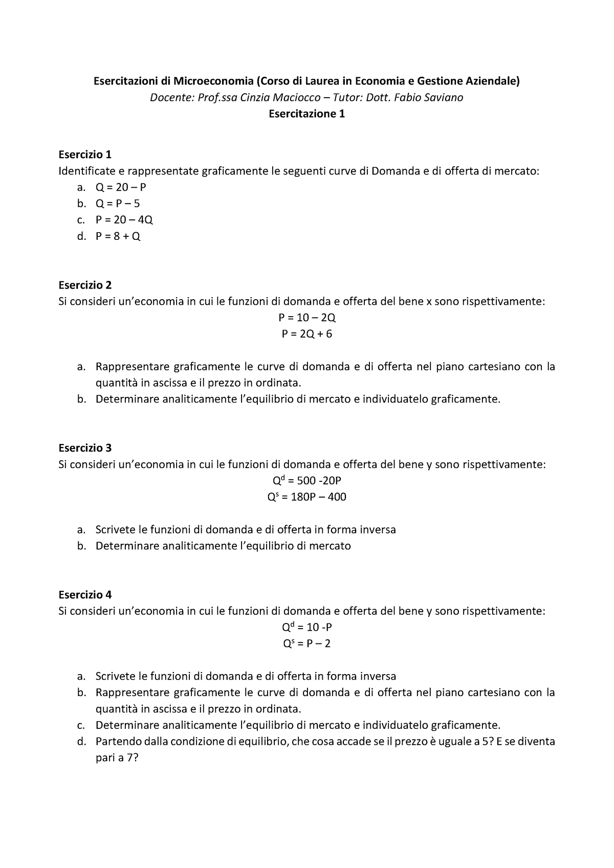 Esercitazione 1 - Prof.ssa Maciocco - Esercitazioni Di Microeconomia ...