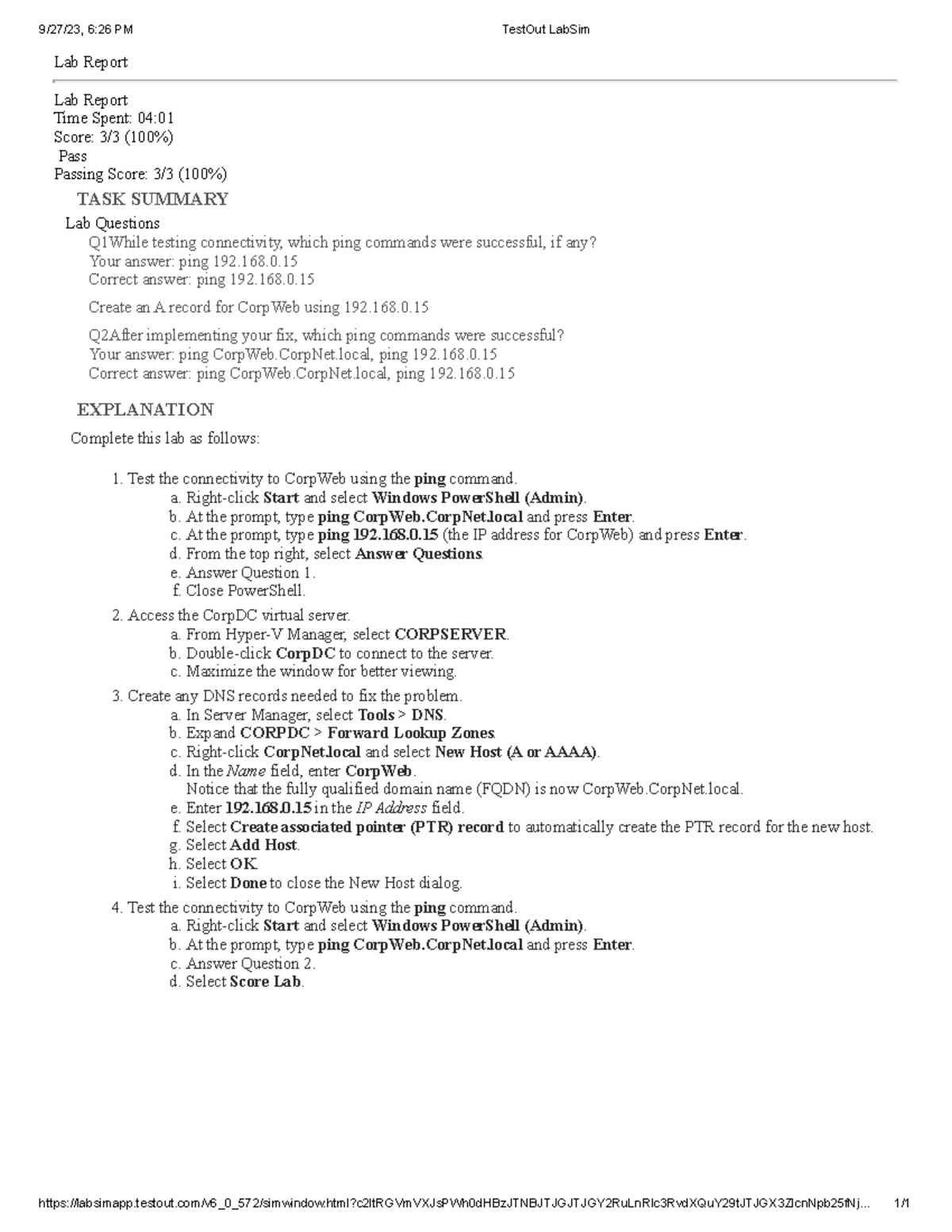 4.5.8 Troubleshoot DNS Records Lab 9/27/23, 626 PM TestOut LabSim