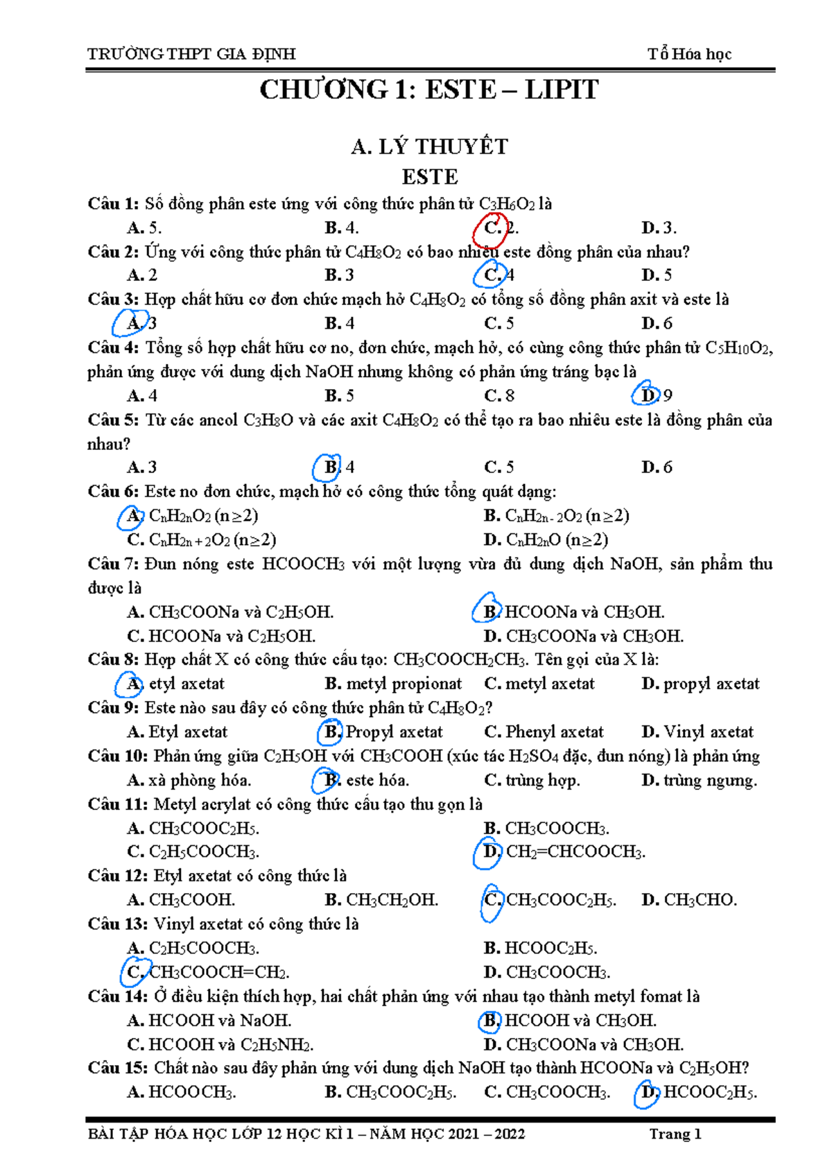 1s the âcdemy list - CHƯƠNG 1: ESTE – LIPIT A. LÝ THUYẾT ESTE Câu 1: Số ...