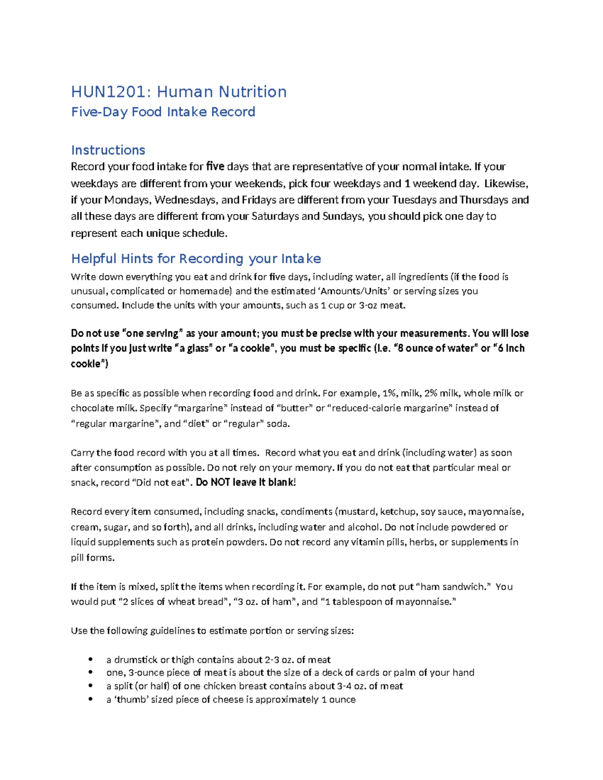 HUN1201 Food Intake Record - HUN1201: Human Nutrition Five-Day Food ...