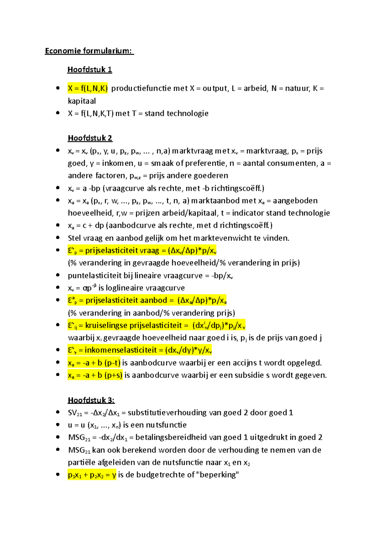 Economie-formules - Economie Formularium: Hoofdstuk 1 X = F(L,N,K ...