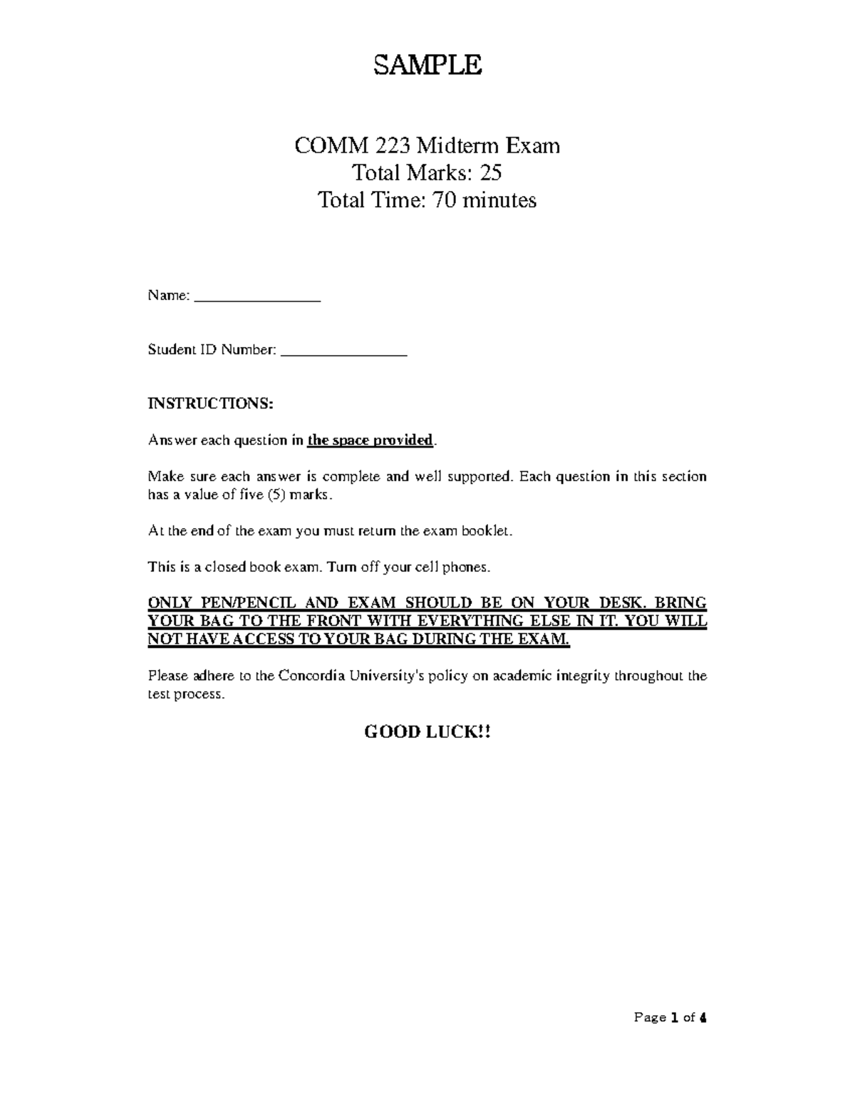 COMM223 Sample Midterm - COMM 223 Midterm Exam Total Marks: 25 Total ...