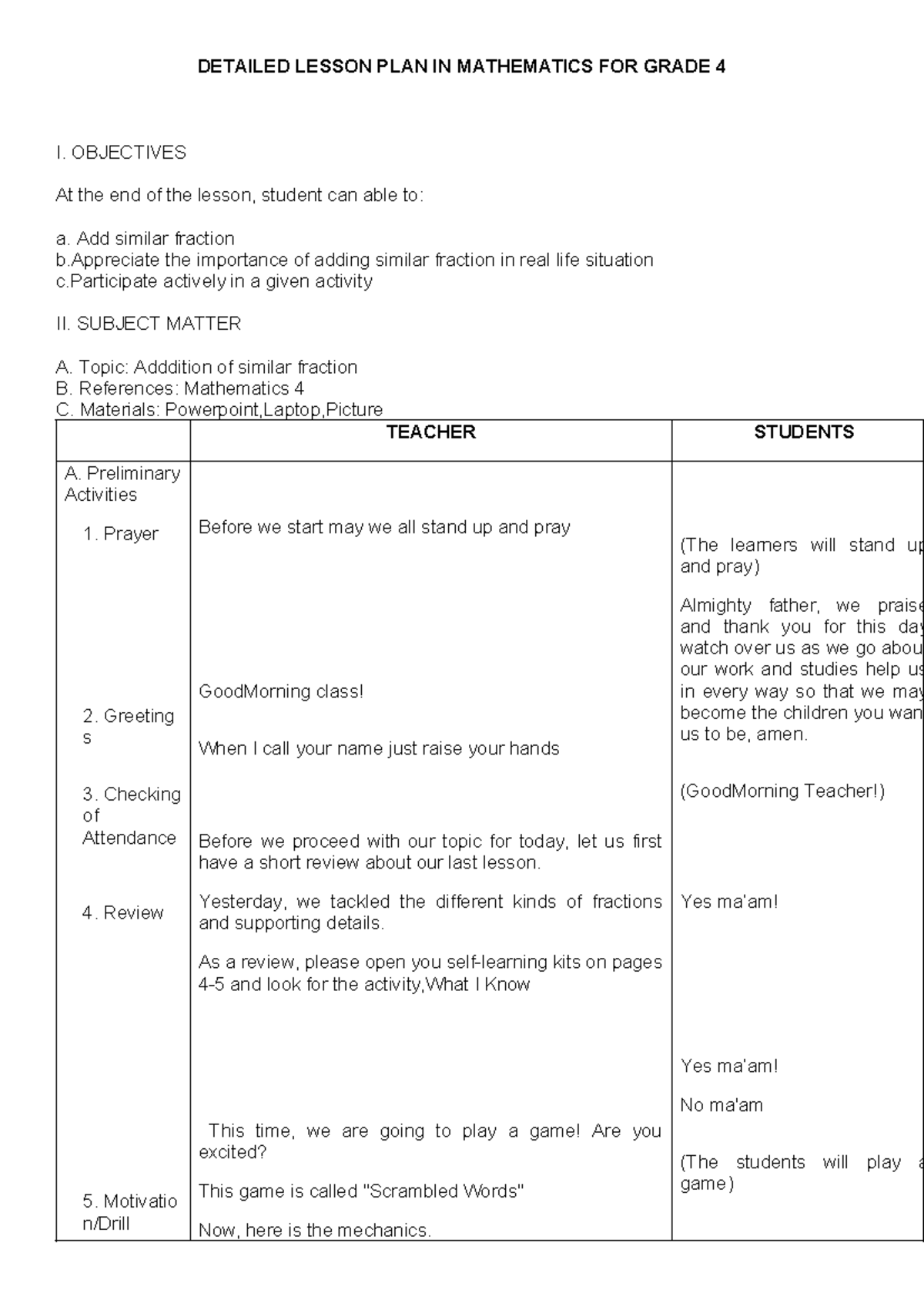 Mathematics LP - DETAILED LESSON PLAN IN MATHEMATICS FOR GRADE 4 I ...