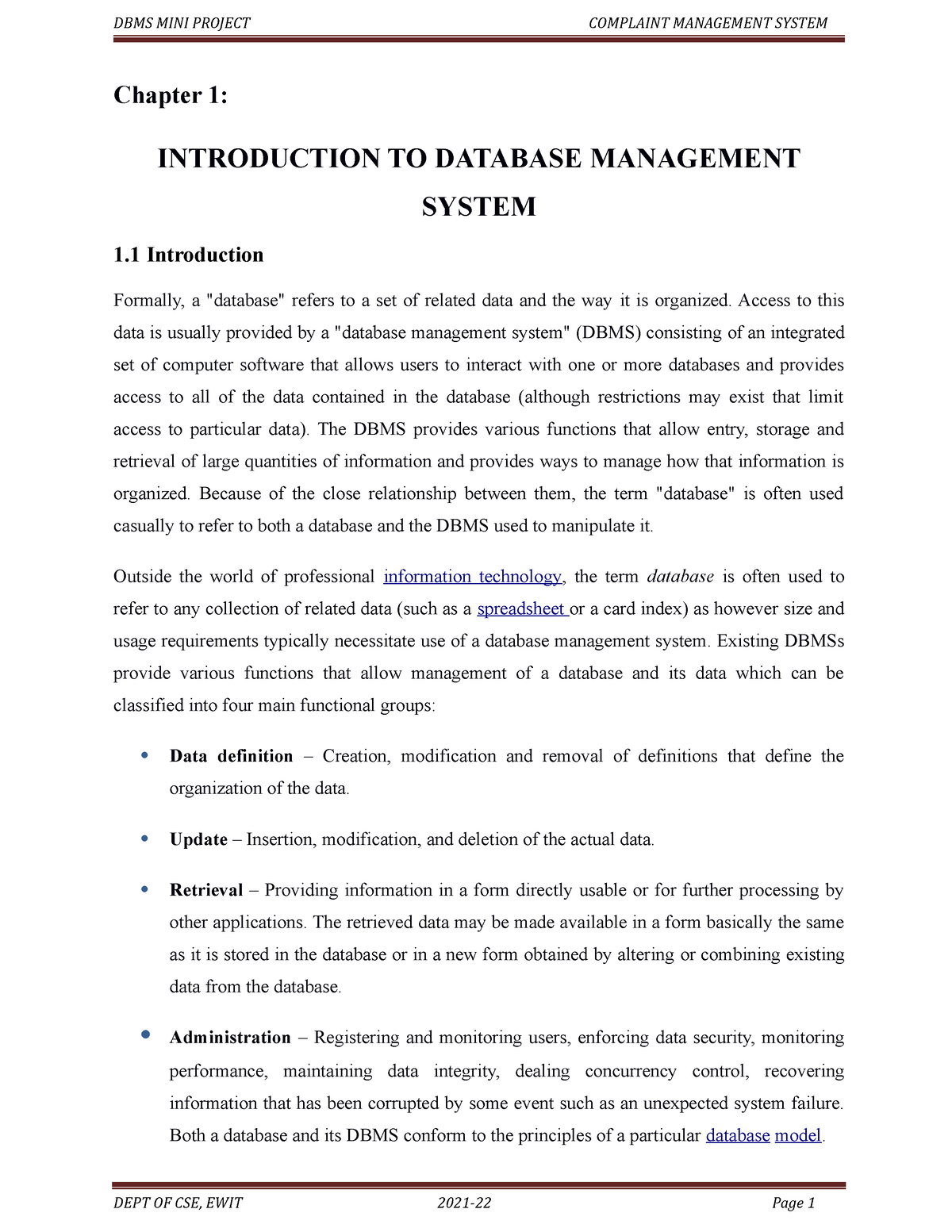 Report - Chapter 1: INTRODUCTION TO DATABASE MANAGEMENT SYSTEM 1 ...