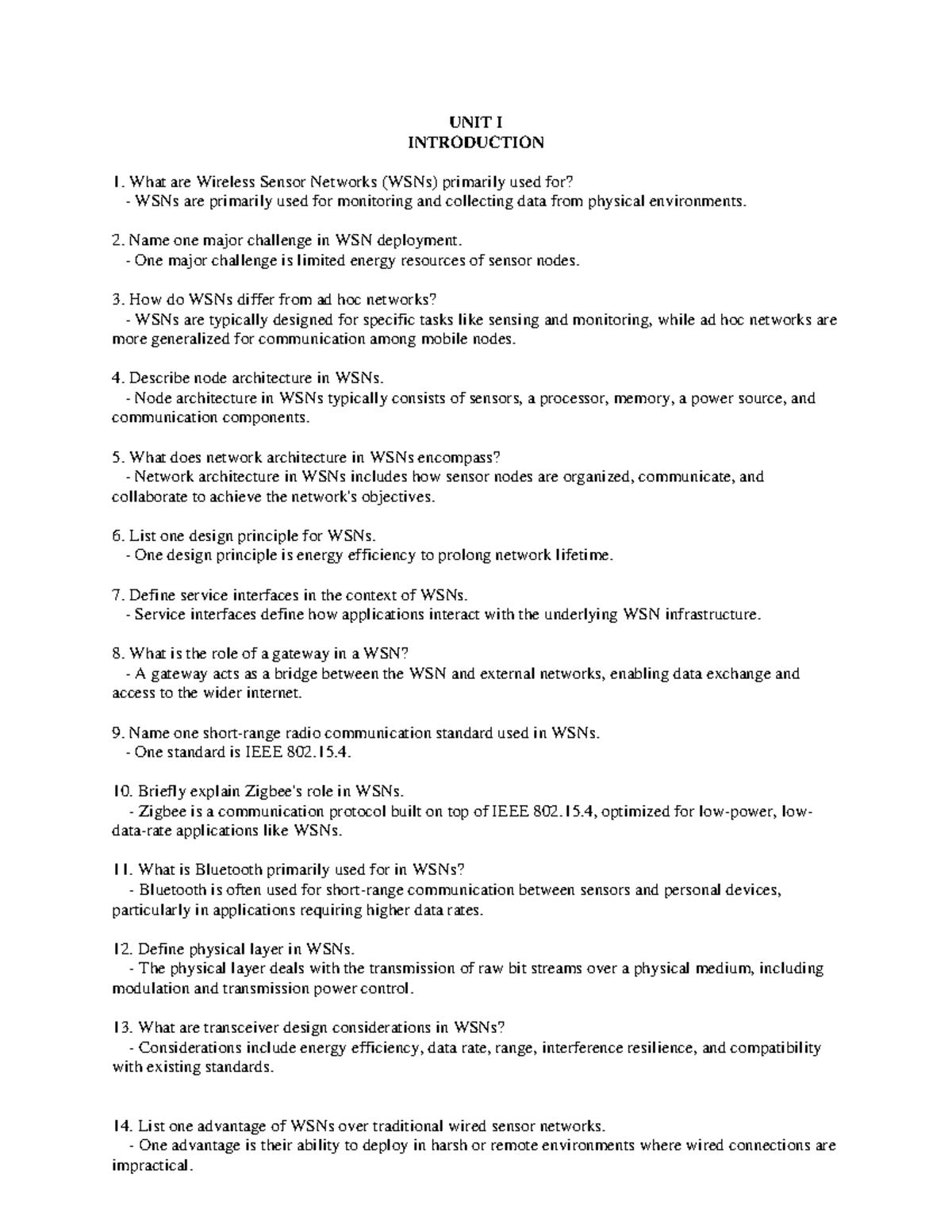 2 marks 1,2,3 - WSN - UNIT I INTRODUCTION What are Wireless Sensor ...