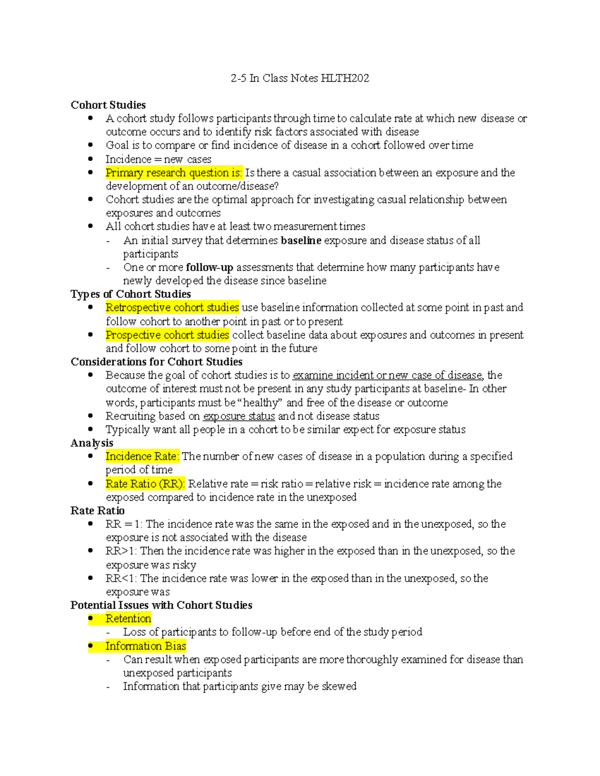 HLTH202 2 5 In Class Notes 2 5 In Class Notes HLTH Cohort Studies A Cohort Study Follows StuDocu