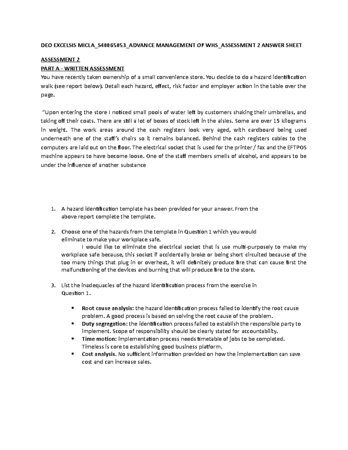 DEO Excelsis Micla S40065053 Advance Management OF WHS Assessment 2