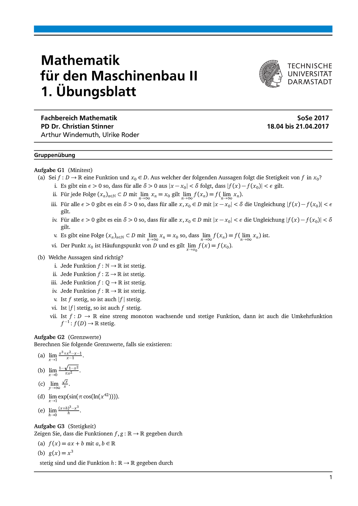 UE1 - Übungen Aus Dem Sommersemester 2017. - Mathematik II (für ...