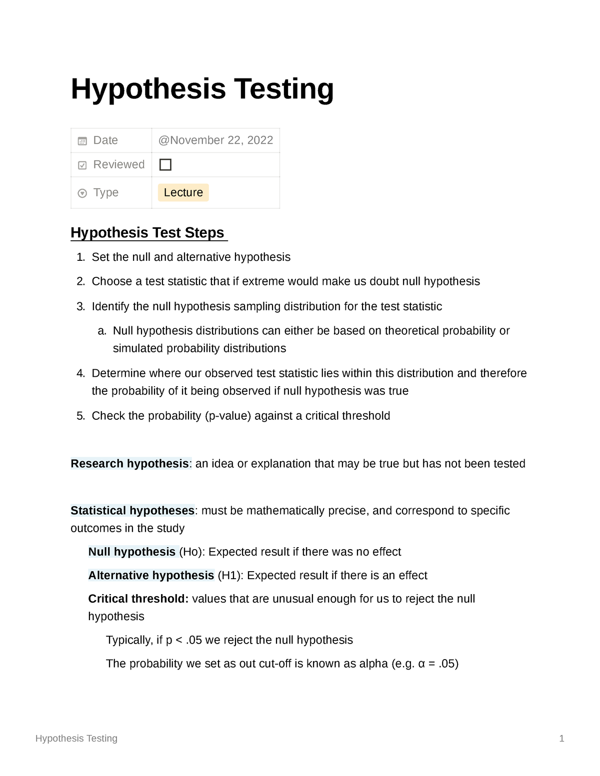 hypothesis testing in statistics lecture notes