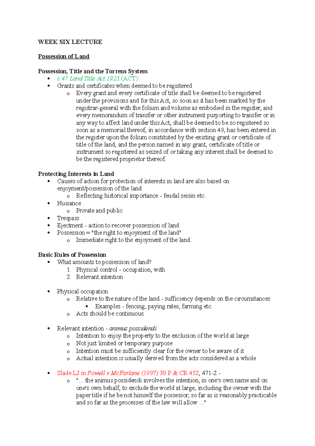 Wk6 - Lecture notes 6 - WEEK SIX LECTURE Possession of Land Possession ...