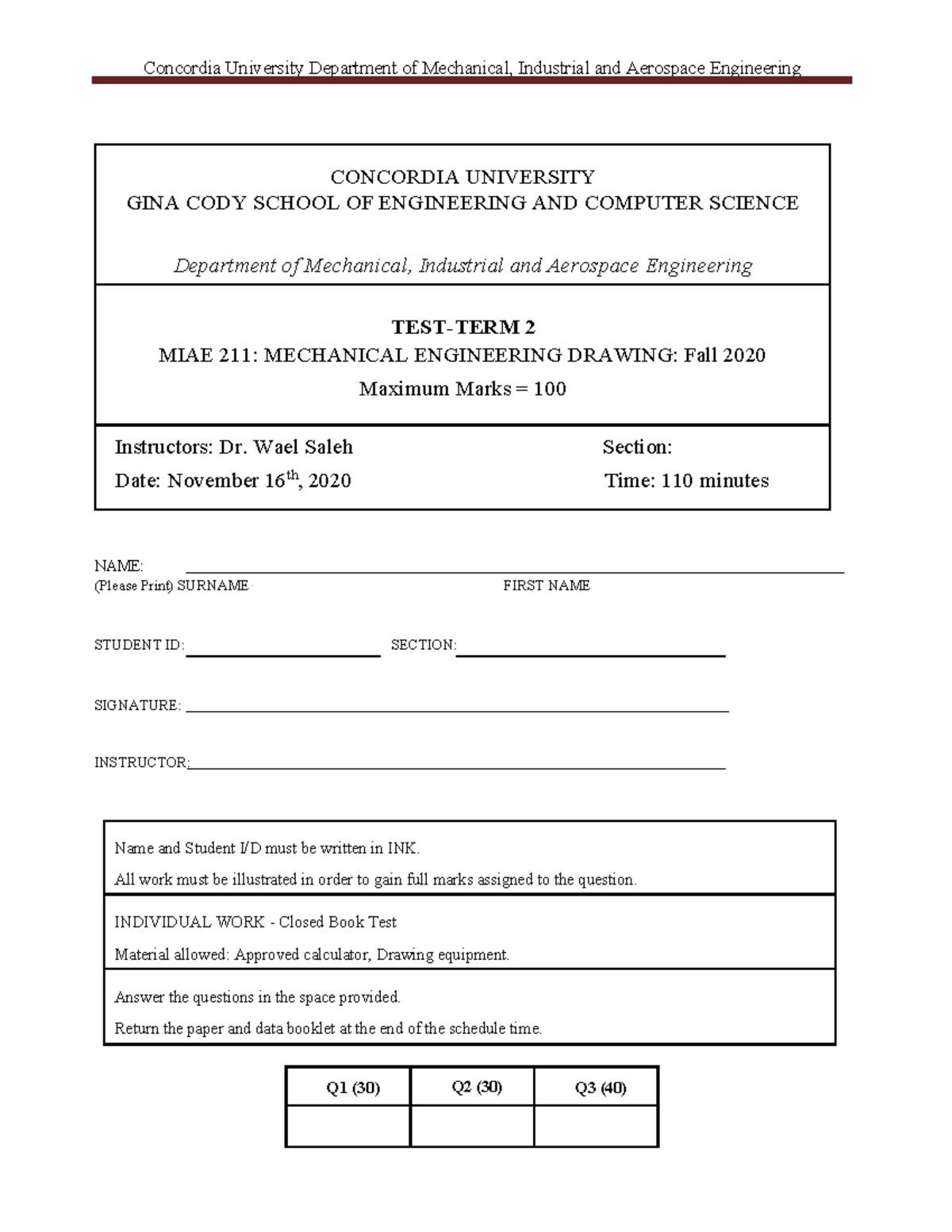 MIDTERM 2 FALL 2020 - Concordia University Department of Mechanical ...