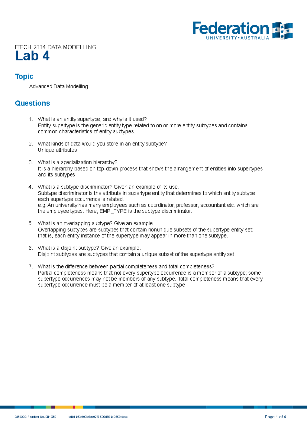 Itech 2004 04 lab - Lab work - ITECH 2004 DATA MODELLING Lab 4 Topic ...