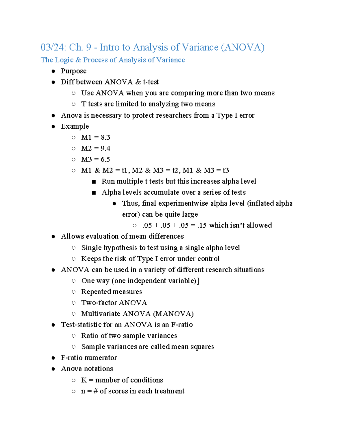 PSYC 274 Week 11 (03 24) - Intro to Analysis of Variance (ANOVA) - 03/ ...