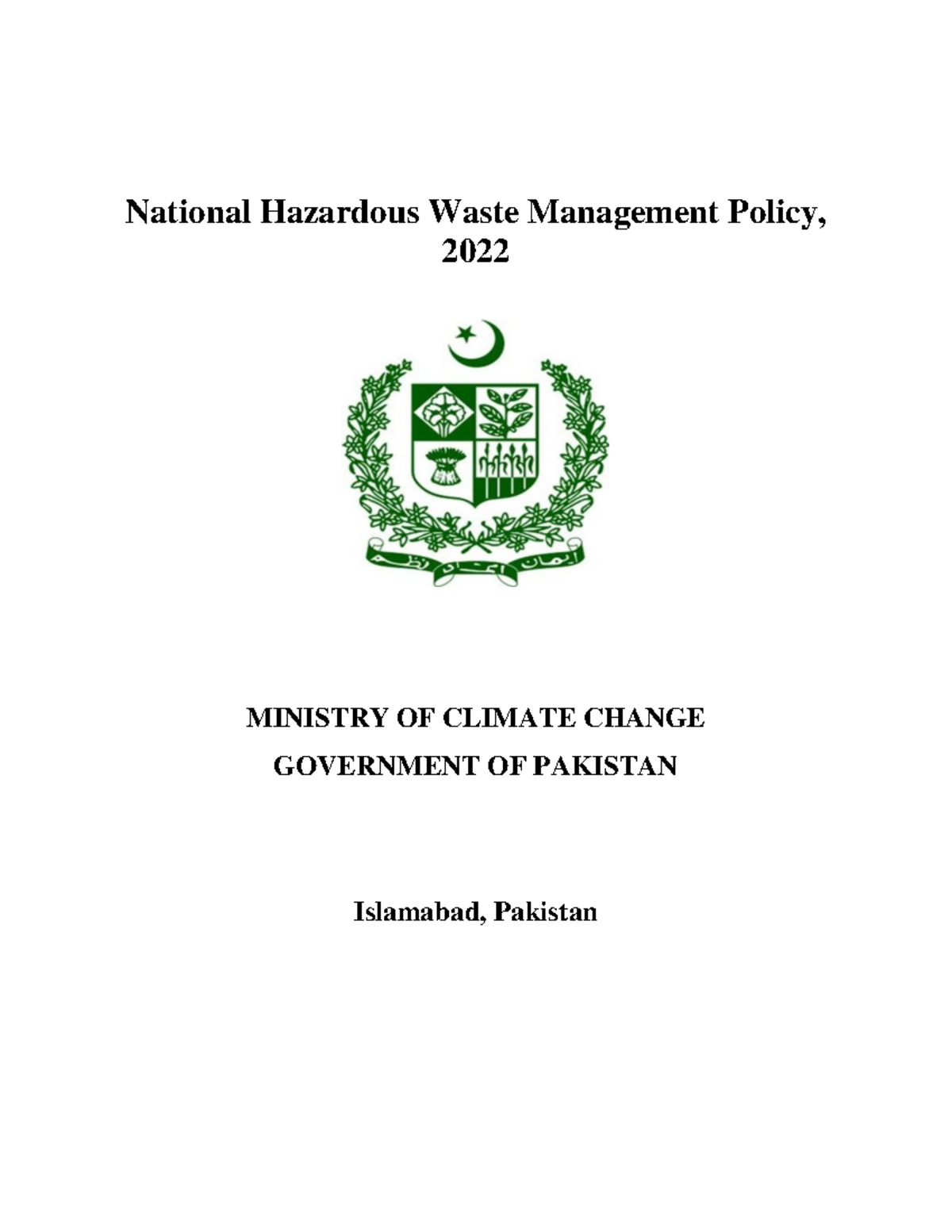 National Hazardous Waste Management Policy 2022 National Hazardous