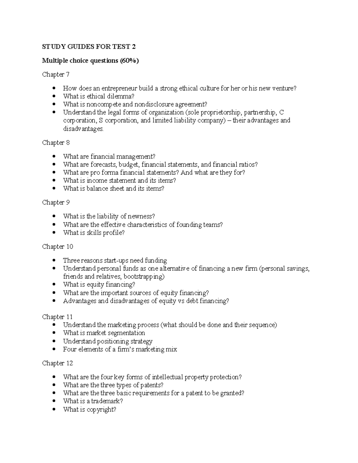 Study Guide for Test 2 - Review for test 2. Dr. Son Le taught the class ...