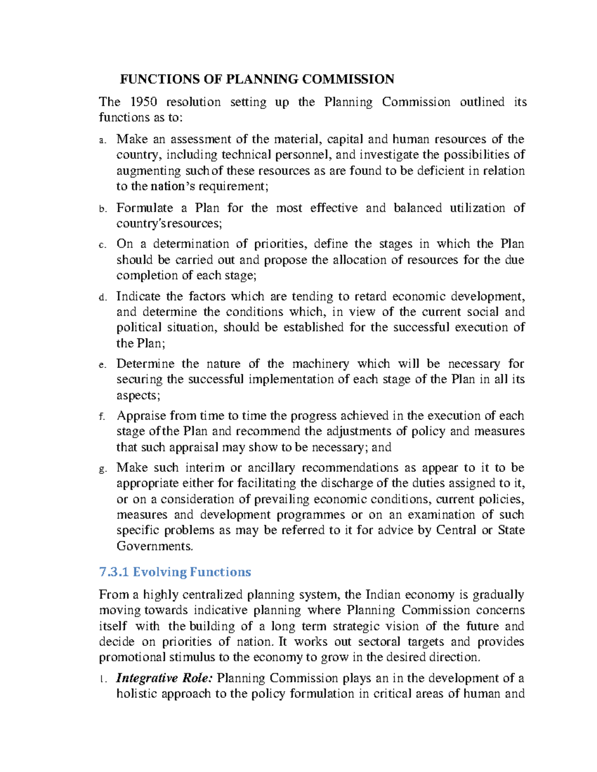 Functions OF Planning Commission FUNCTIONS OF PLANNING COMMISSION The 1950 resolution setting