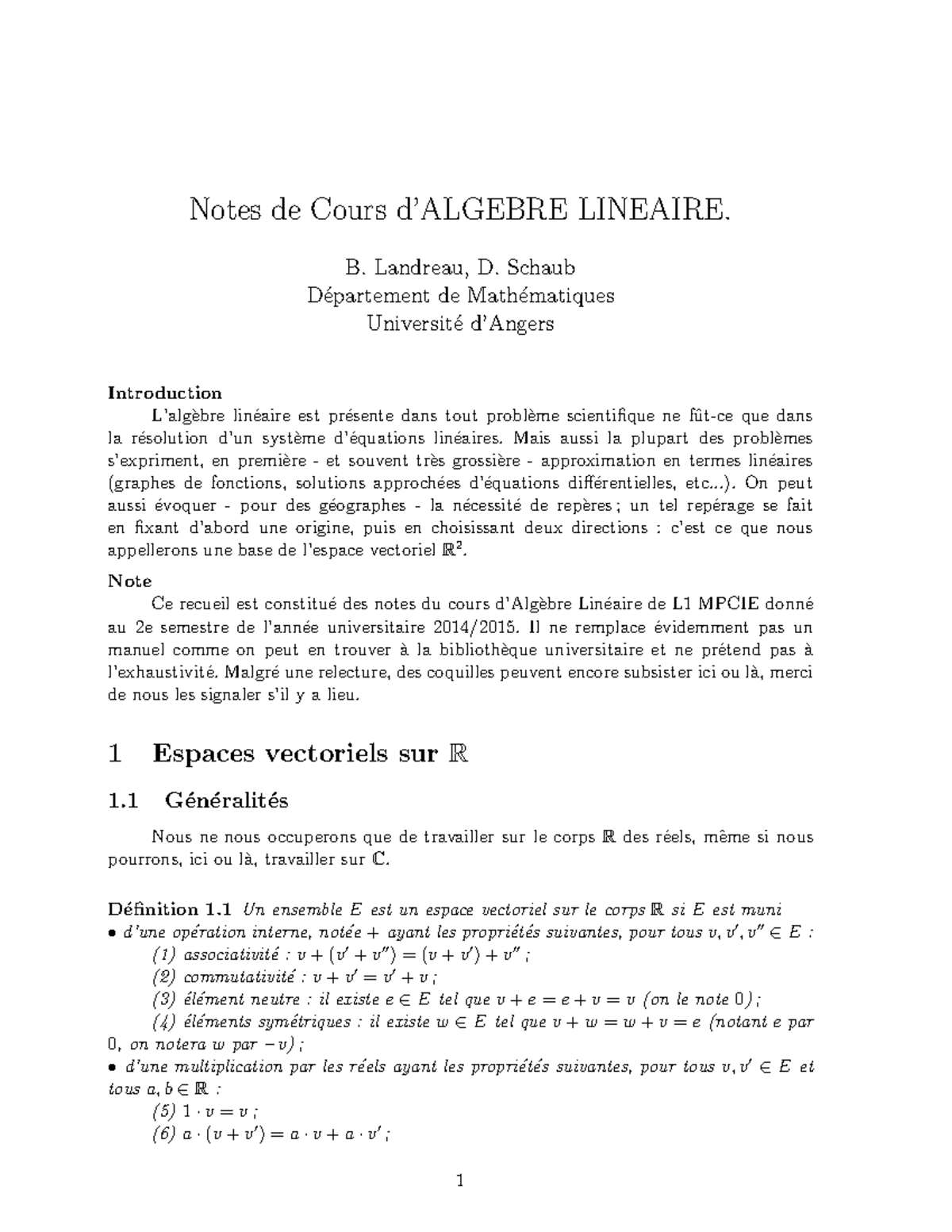 Algèbre Linéaire - Notes De Cours D’ALGEBRE LINEAIRE. B. Landreau, D ...