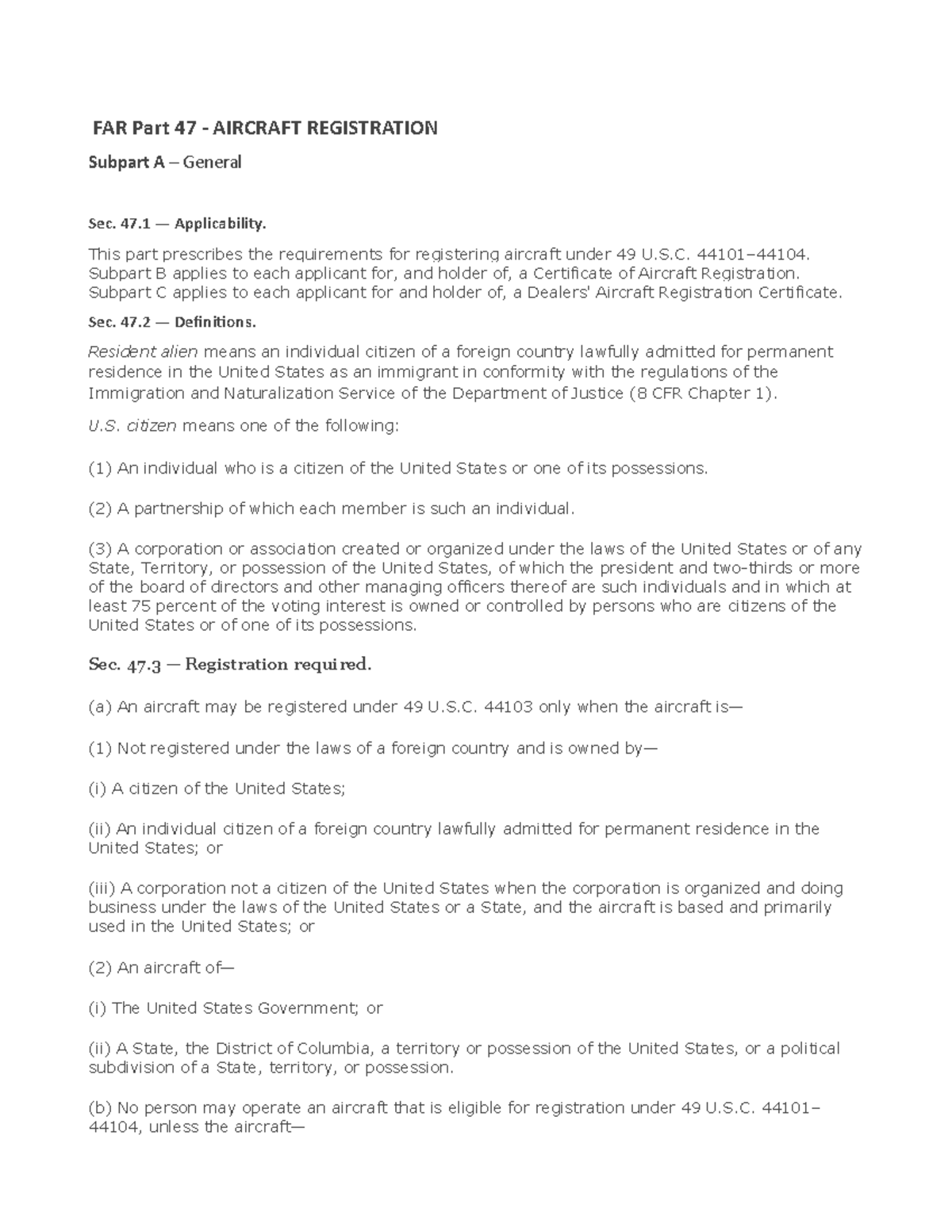 Aircraft Registration - FAR Part 47 - AIRCRAFT REGISTRATION Subpart A ...