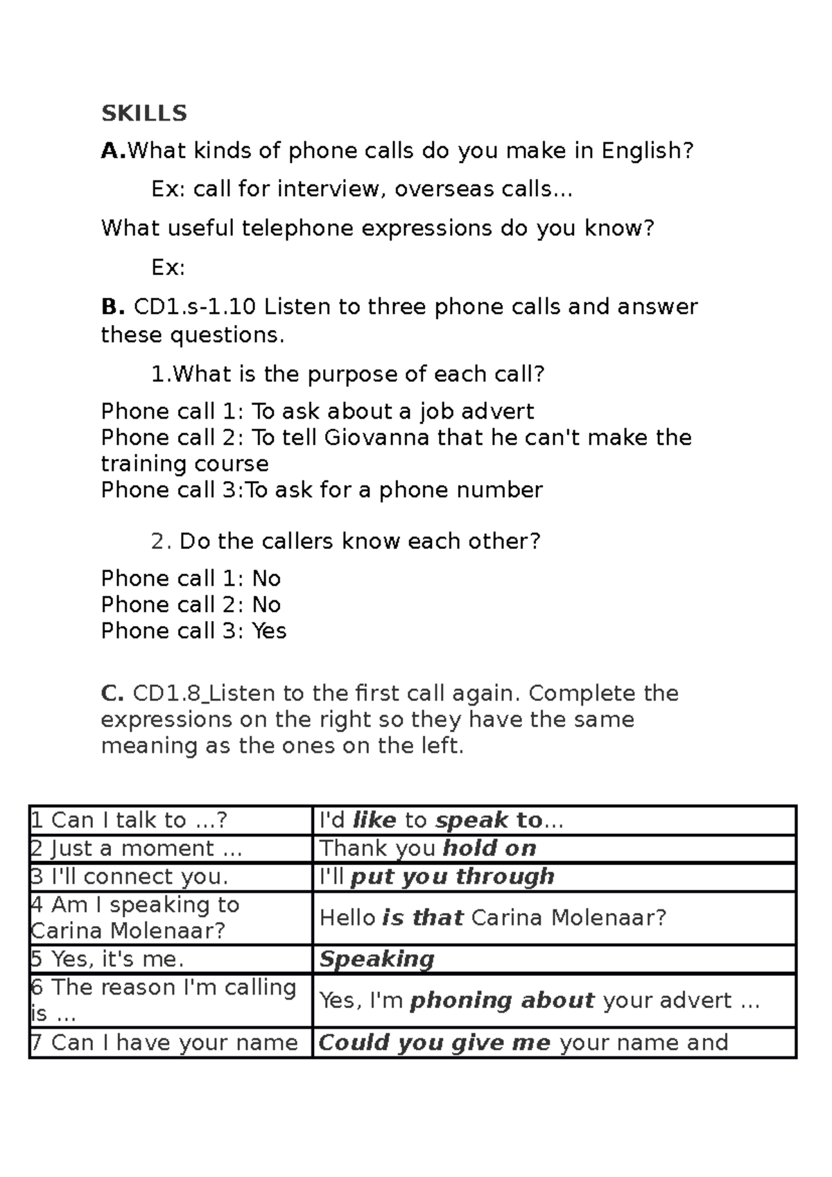 Skills - Aaaaaaaaaaaaaaa - SKILLS A Kinds Of Phone Calls Do You Make In ...