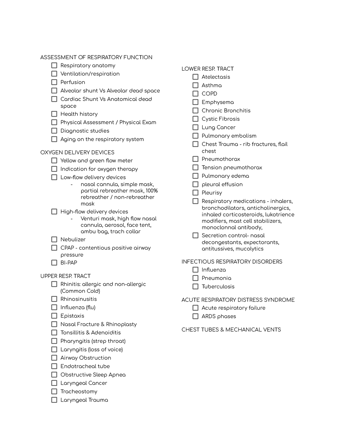 Review sheet for exam - test - ASSESSMENT OF RESPIRATORY FUNCTION ...