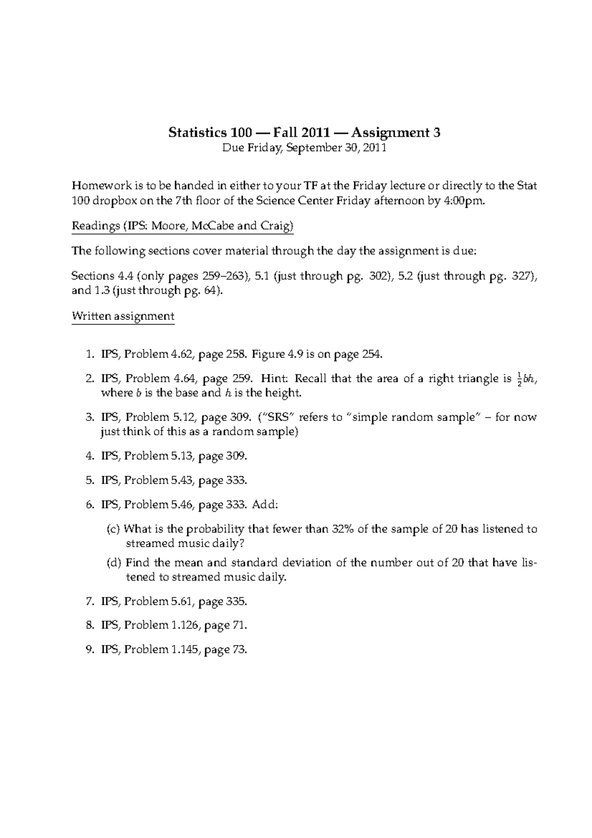 Seminar assignments - Questions and Answers 2011 - Statistics 100 Fall ...