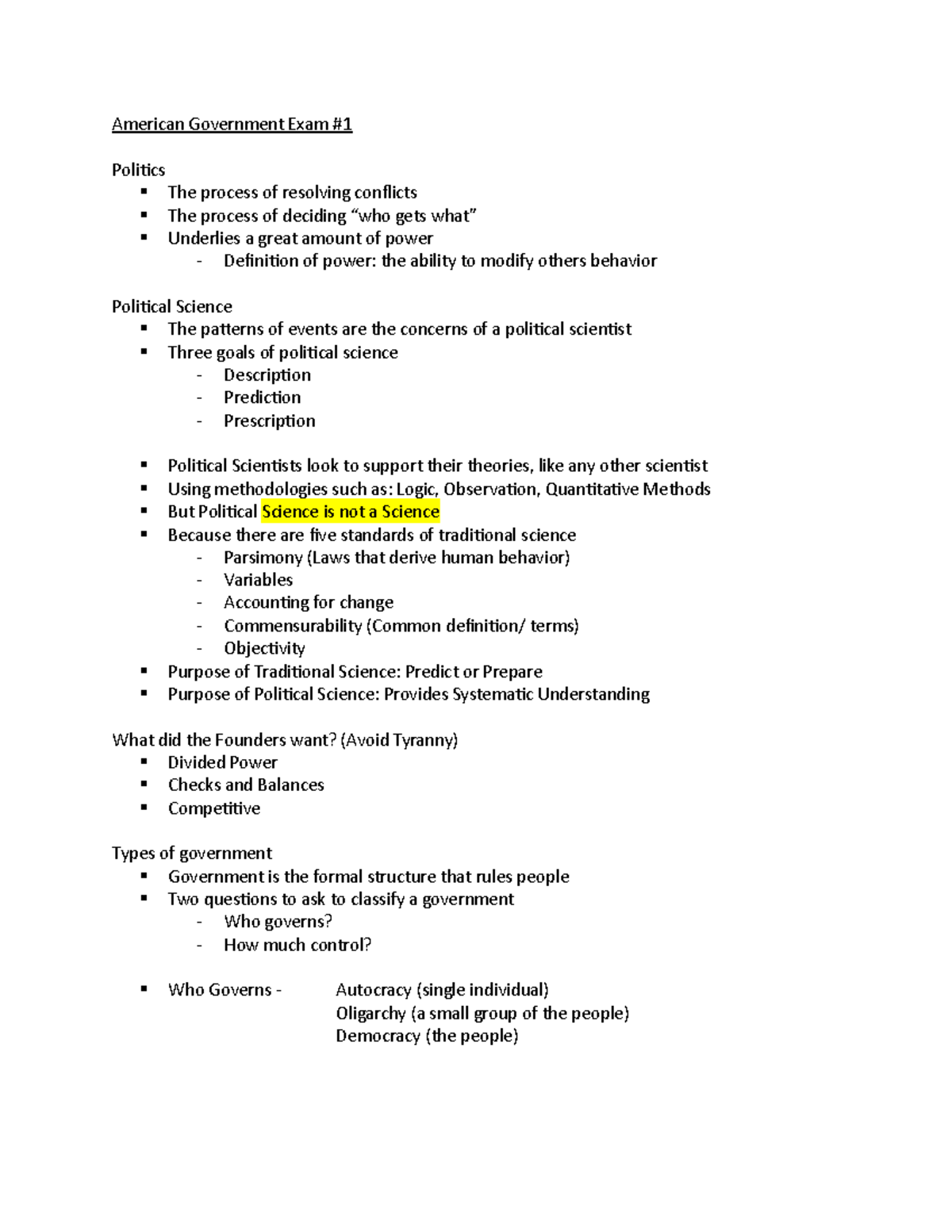 American Government Exam 1 - Liberty (Political And Civil) - Political ...