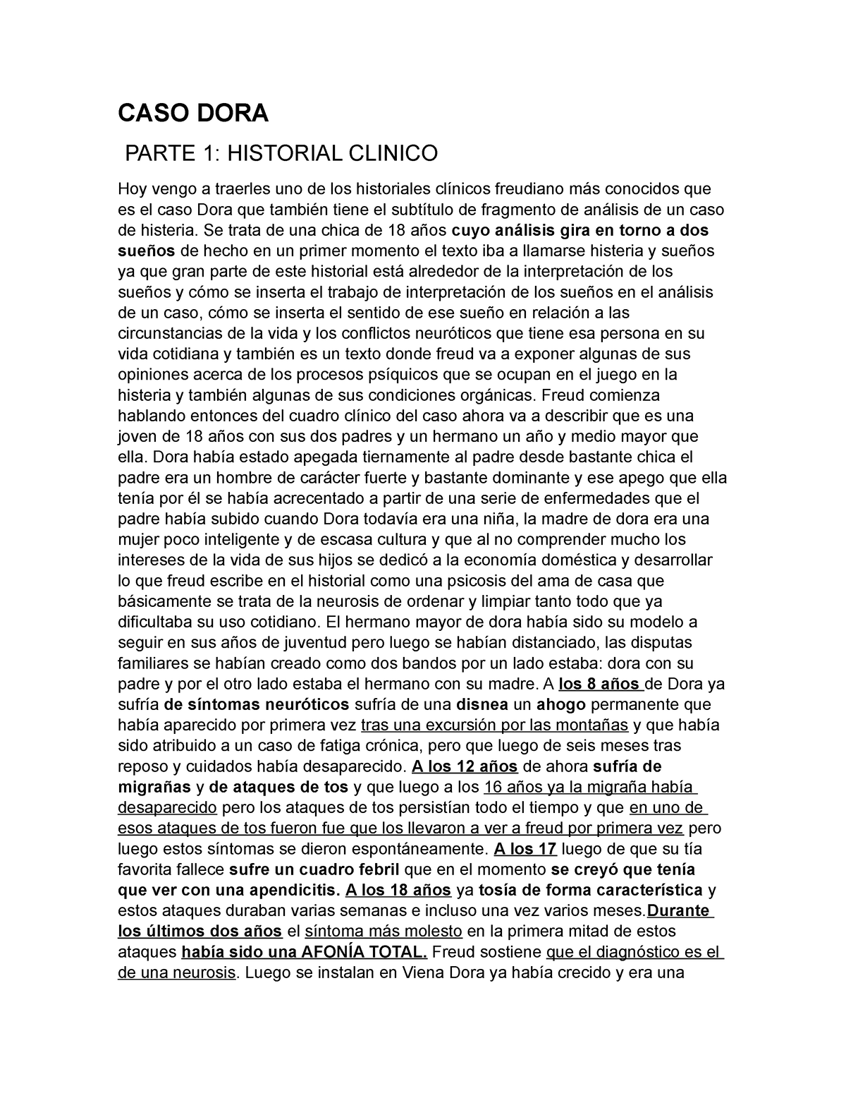 Caso Dora - Resumen Caso Dora - CASO DORA PARTE 1: HISTORIAL CLINICO ...