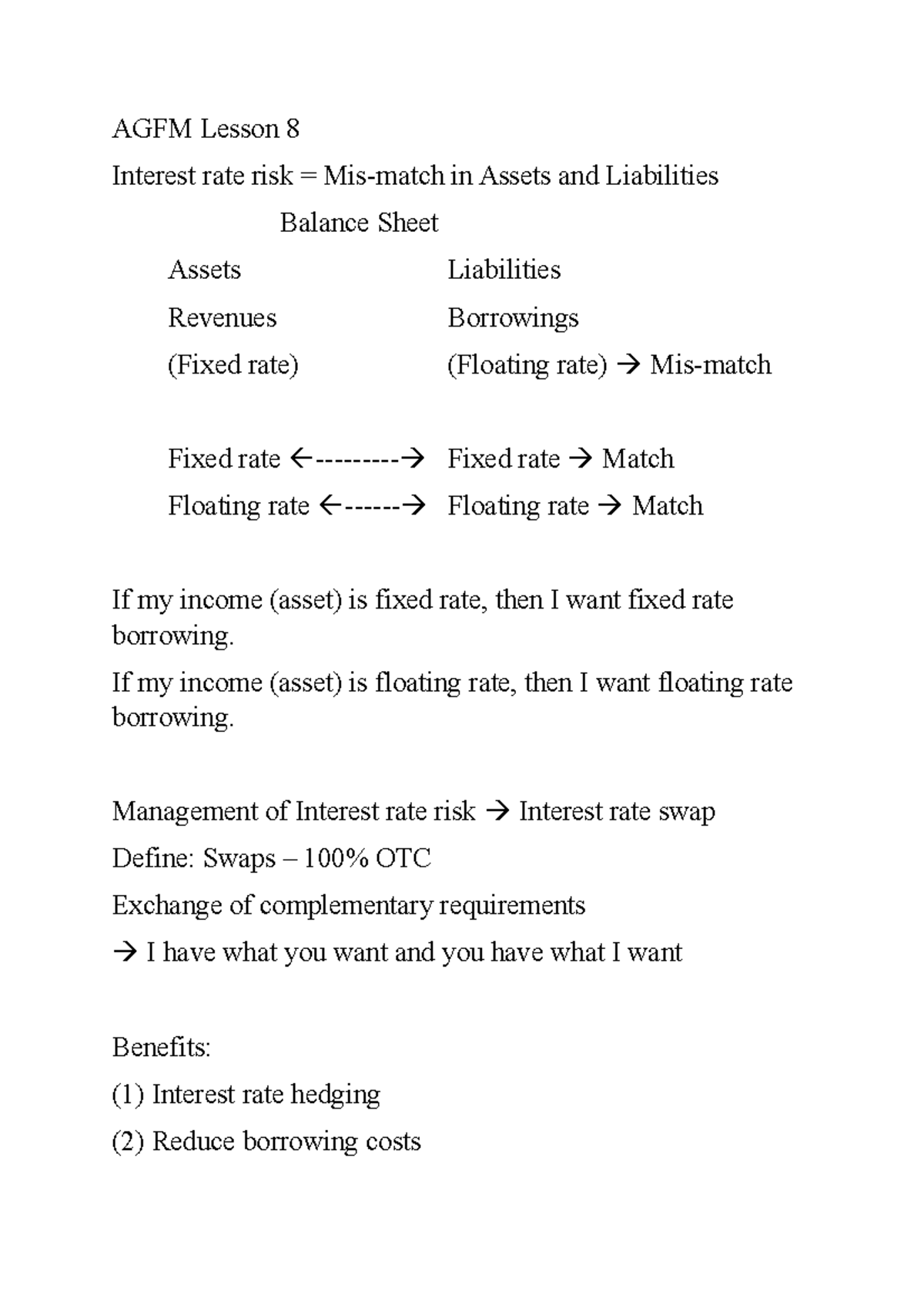AGFM Lesson 8 - note - AGFM Lesson 8 Interest rate risk = Mis-match in ...