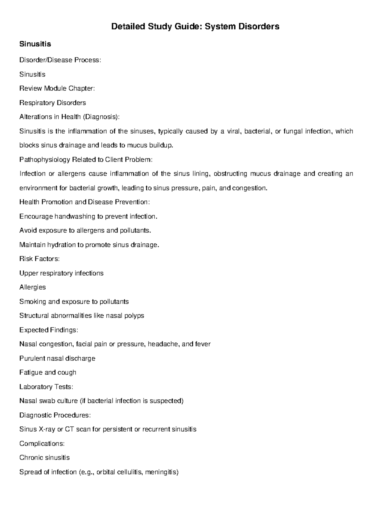 Detailed system disorders study guide - Detailed Study Guide: System ...