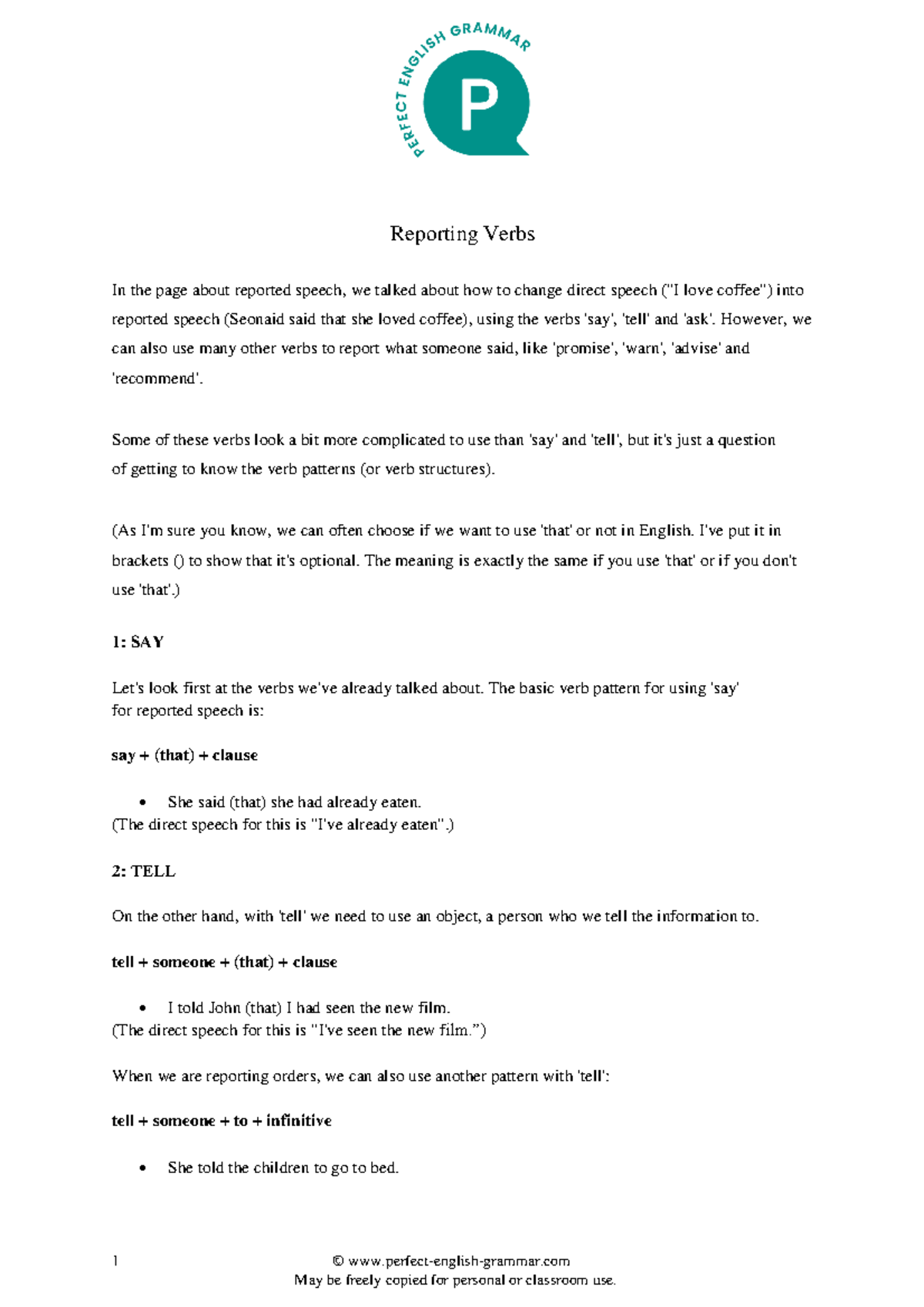 Reporting verbs - m,nlkjl-b - 1 © perfect-english-grammar Reporting ...