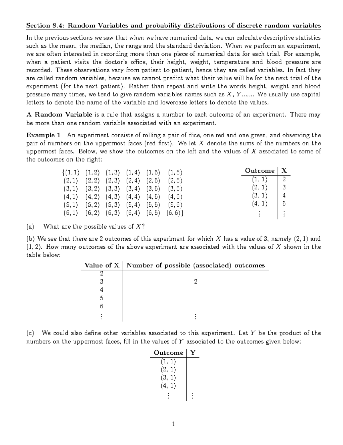 Lecture Notes 17 - Random Variables - Section 8: Random Variables And ...