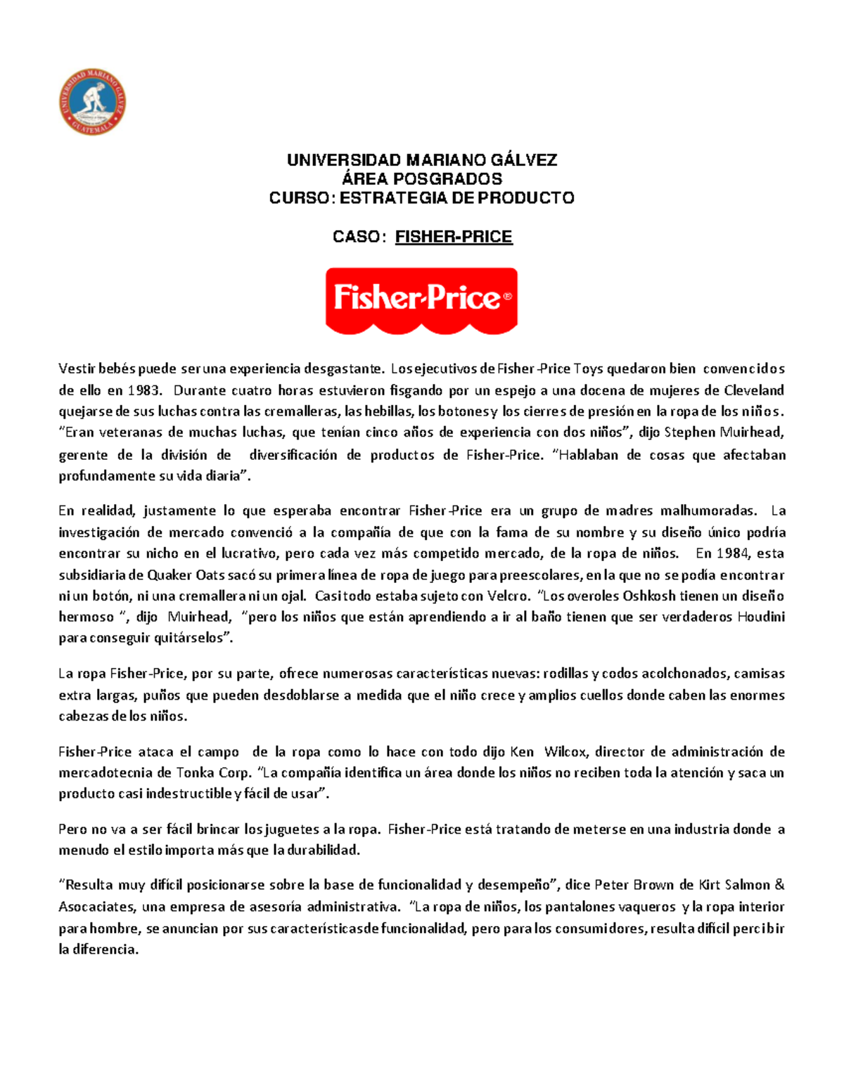 CASO Fisher Price Diversificaci n de Productos y conocimiento del